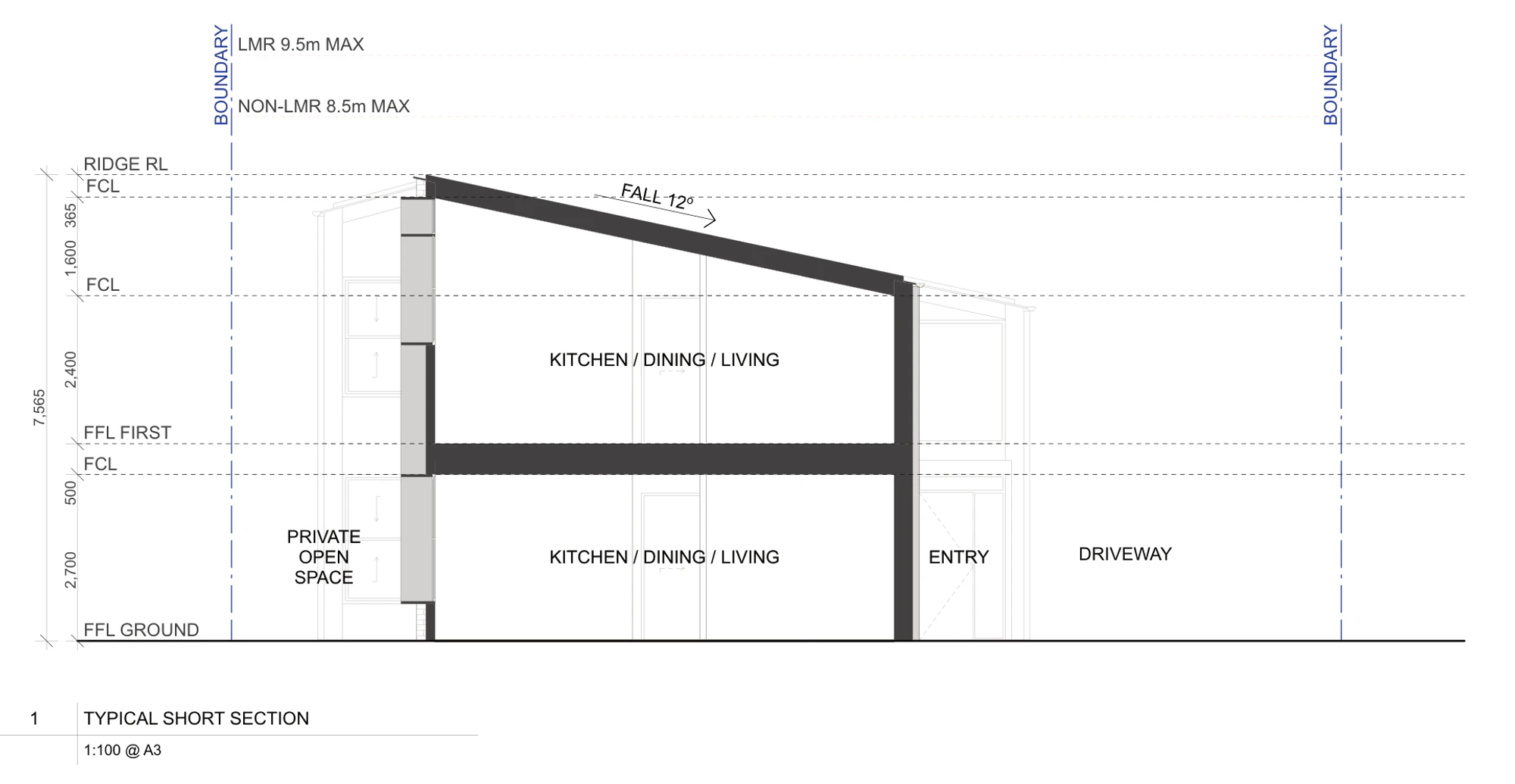 Pattern Book Manor Homes 01 typical short section A-331 through one apartment stack, showing the 2.7 metre ground floor and 2.4 metre first floor ceilings, the raked ceiling rising to 7.565 metres at the ridge, the 12 degree roof fall and the 9.5 metre LMR and 8.5 metre non LMR height limits above