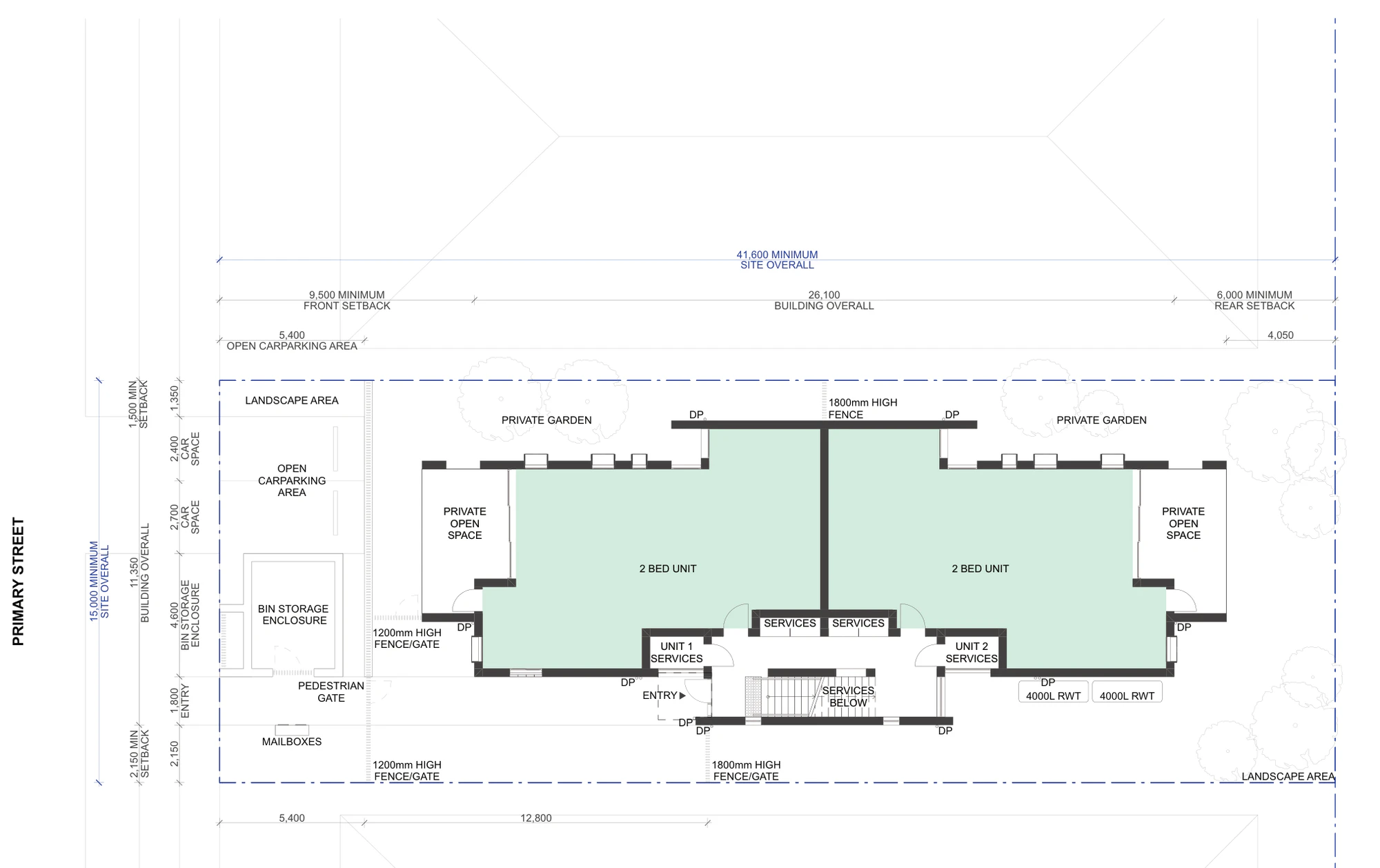Pattern Book Manor Homes 01 site plan A-301 for LMR housing areas, showing the 15 metre by 41.6 metre lot, the 9.5 metre front setback with two open car spaces, the 26.1 metre deep building, the 6 metre rear setback, the bin storage enclosure, mailboxes, pedestrian gate, the two private gardens and the two 4,000 litre rainwater tanks