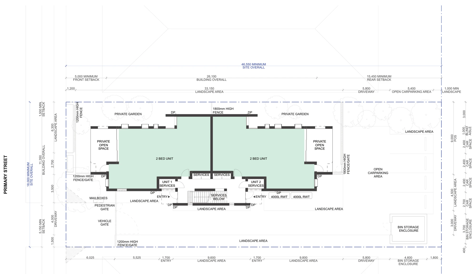 Pattern Book Manor Homes 01 site plan A-311 for sites outside LMR housing areas, showing the 18 metre by 46.55 metre lot, the 5 metre front setback, the 26.1 metre deep building, the 15.45 metre rear setback holding a four space car park and bin storage, the driveway down the eastern side and the two private gardens