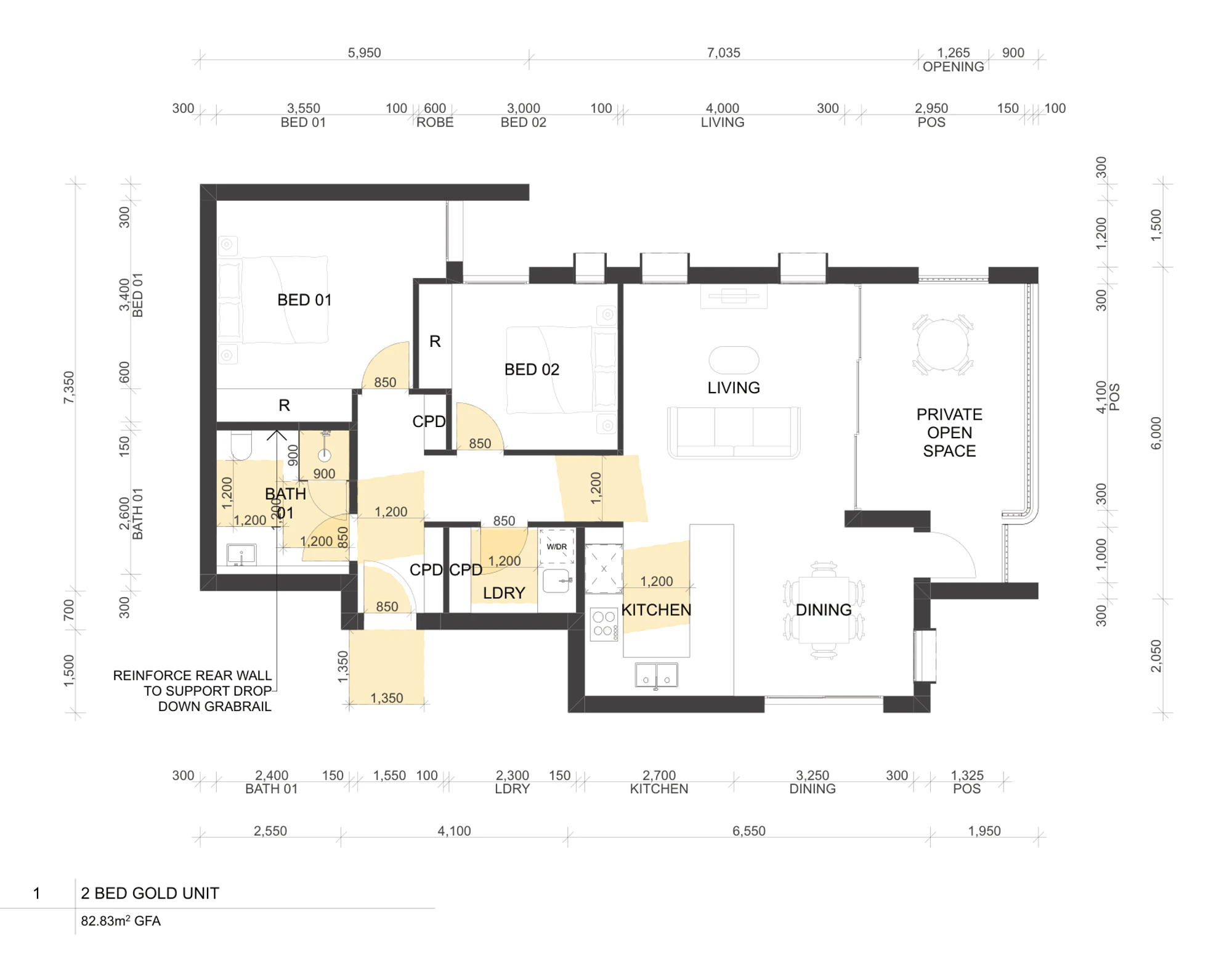 Pattern Book Manor Homes 01 two bedroom gold livability apartment plan A-325 at 82.83 square metres, showing the widened door openings and circulation clearances shaded in yellow, the larger bathroom and the same kitchen, dining, living and private open space