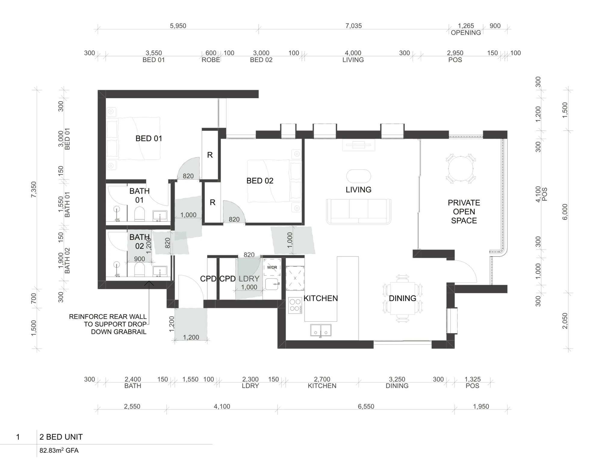 Pattern Book Manor Homes 01 two bedroom apartment plan A-324 at 82.83 square metres, showing the two bedrooms, two bathrooms, laundry, open kitchen, dining and living opening onto a 4.1 by 6 metre private open space, with the rear wall reinforced for a drop down grabrail