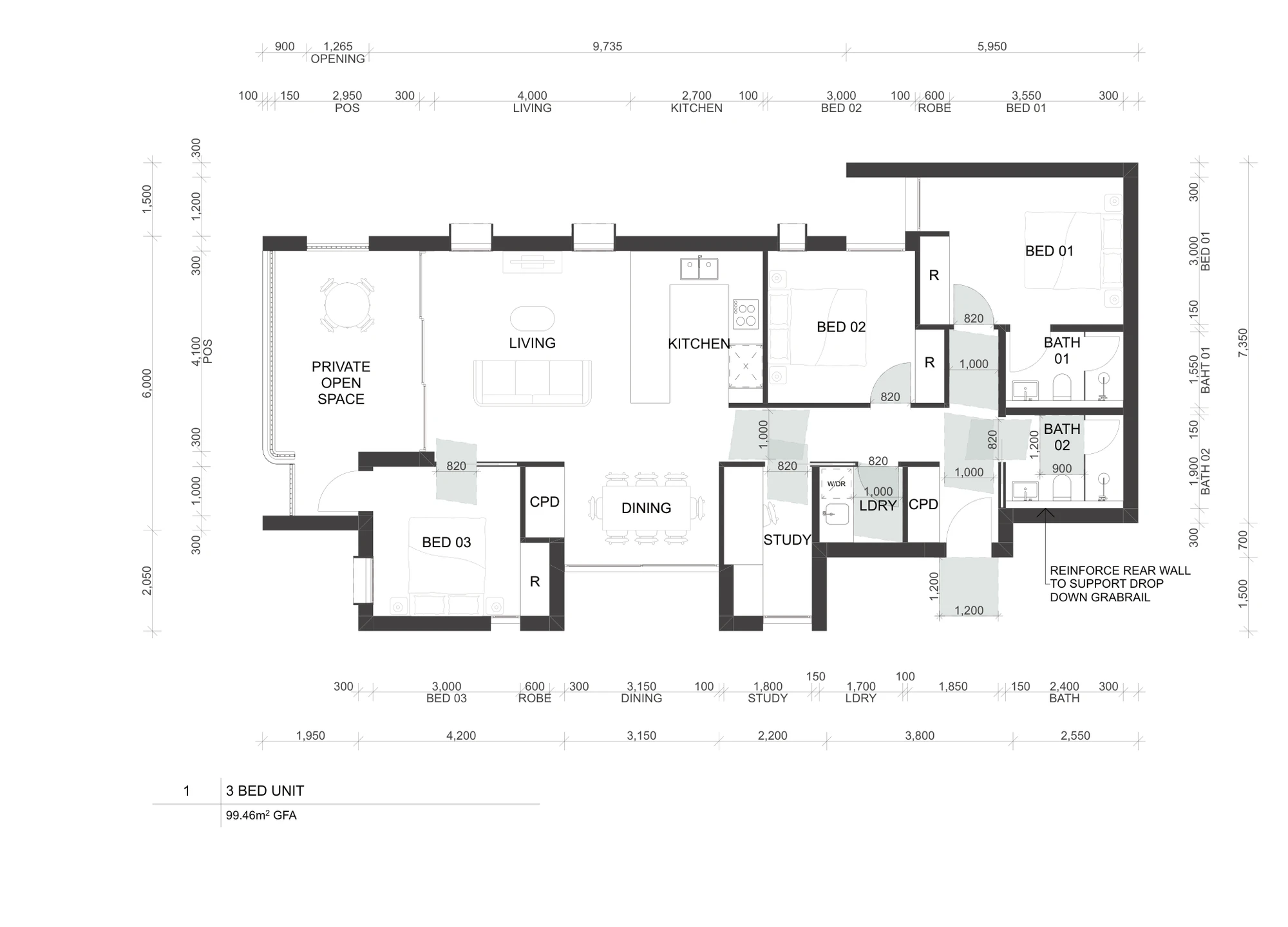 Pattern Book Manor Homes 01 three bedroom apartment plan A-326 at 99.46 square metres, showing three bedrooms, two bathrooms, a study, laundry, kitchen, dining and living, and the private open space along the side of the plan