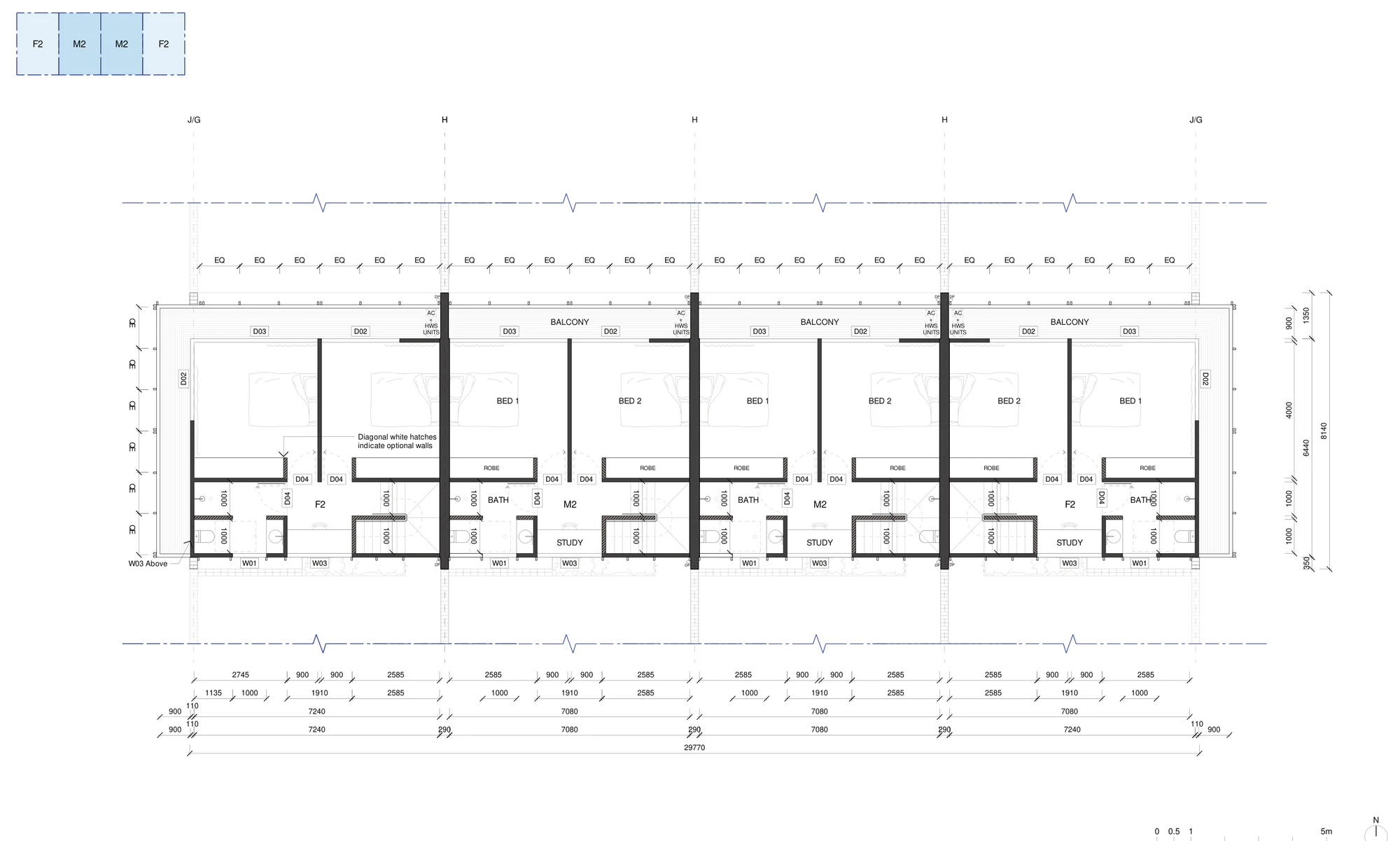 Pattern Book Row Homes 01 first floor plan A-304 of the base pattern, showing two bedrooms with robes in each of the four homes, a bathroom, a study nook, the stair, and the balcony that wraps the garden side of every home with air conditioning and hot water plant