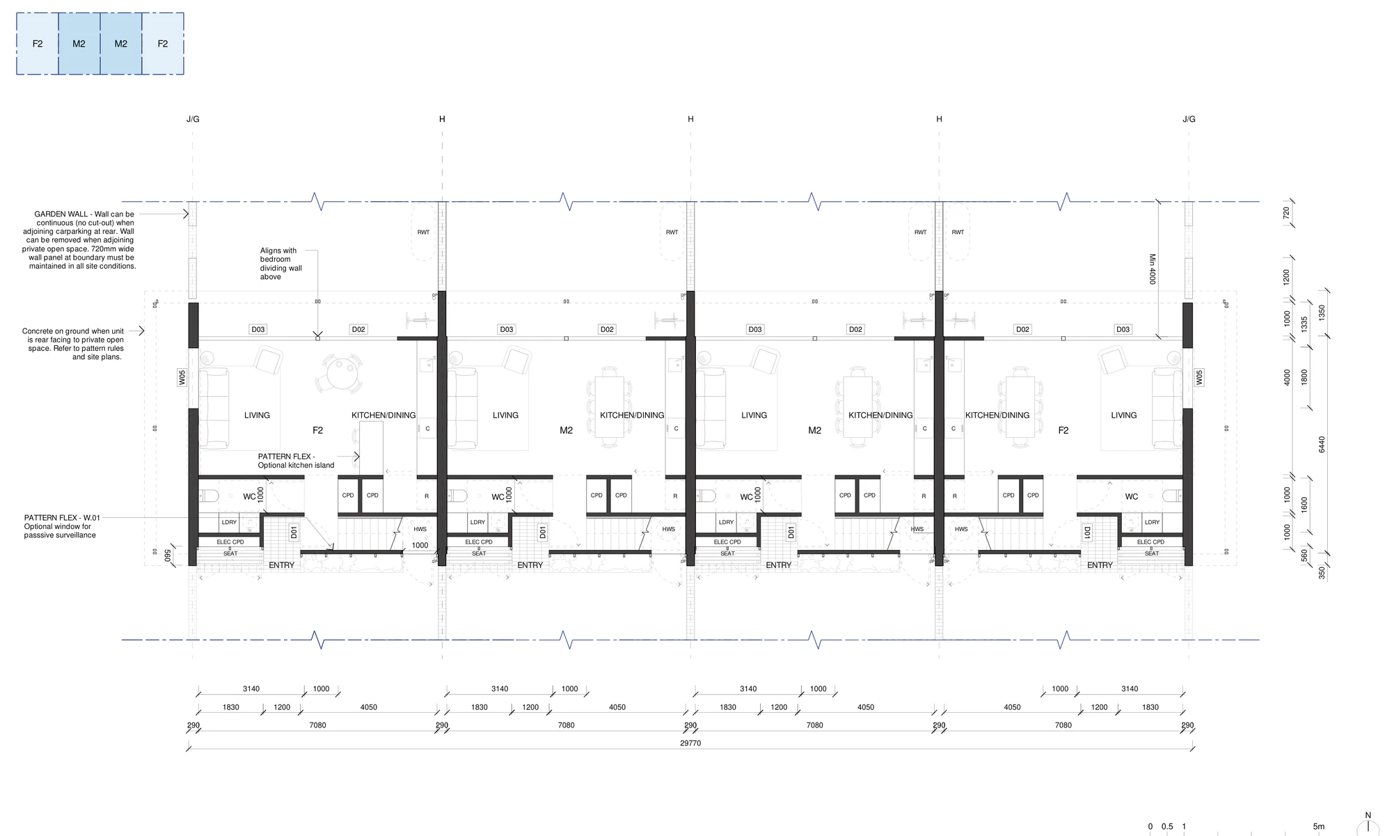 Pattern Book Row Homes 01 ground floor plan A-303 of the base pattern for LMR and non LMR housing areas, showing four homes in the F2, M2, M2, F2 mix over a 29.77 metre long building, each with an entry alcove and seat, a WC and laundry, a kitchen and dining room with an optional island, a living room opening to the private garden, and rainwater tanks and garden walls between the courtyards