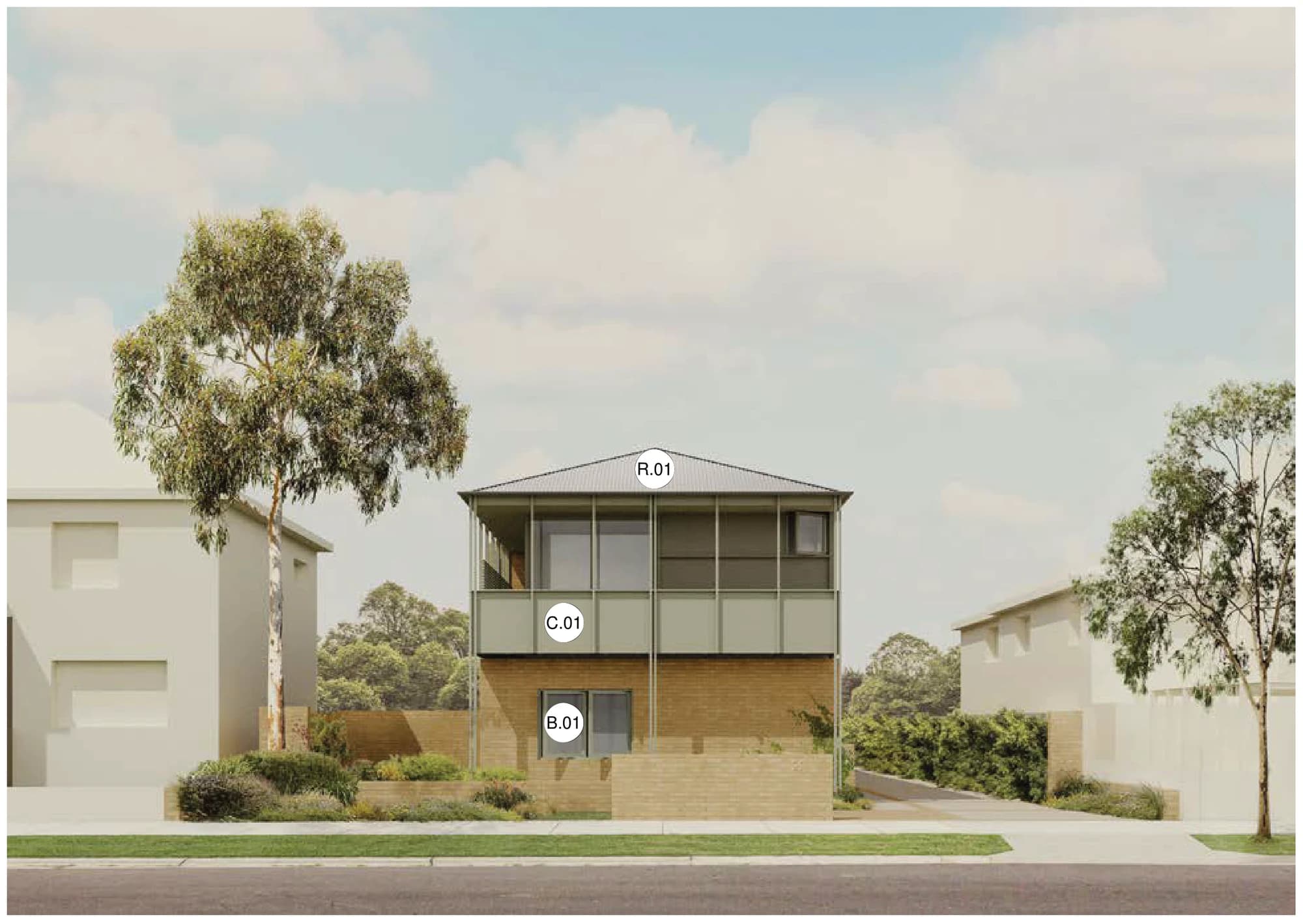 Pattern Book Row Homes 01 street facade in materials palette 01, with a sand coloured face brick ground floor and garden walls, olive green painted cladding, battens, screens and window frames to the first floor balcony, and a dark grey metal roof