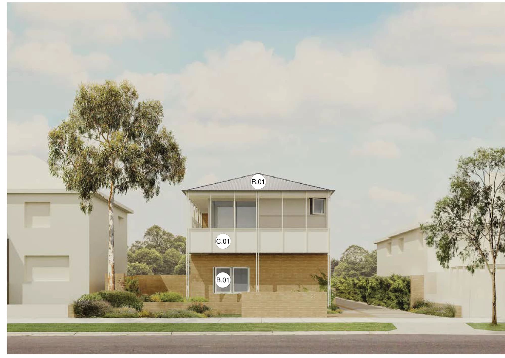 Pattern Book Row Homes 01 street facade in materials palette 02, with a sand coloured face brick ground floor and garden walls, off white painted cladding, battens, screens and window frames to the first floor balcony, and a dark grey metal roof