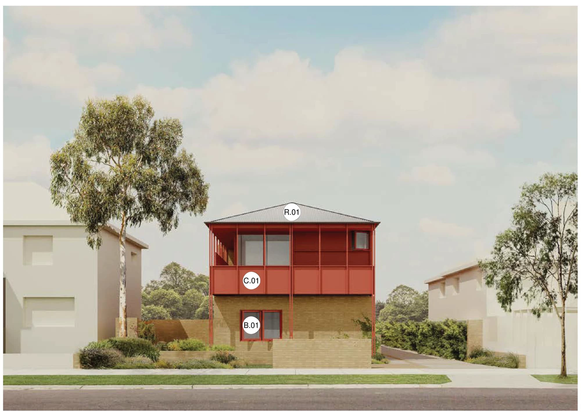 Pattern Book Row Homes 01 street facade in materials palette 03, with a sand coloured face brick ground floor and garden walls, deep red painted cladding, battens, screens, columns and window frames to the first floor balcony, and a dark grey metal roof