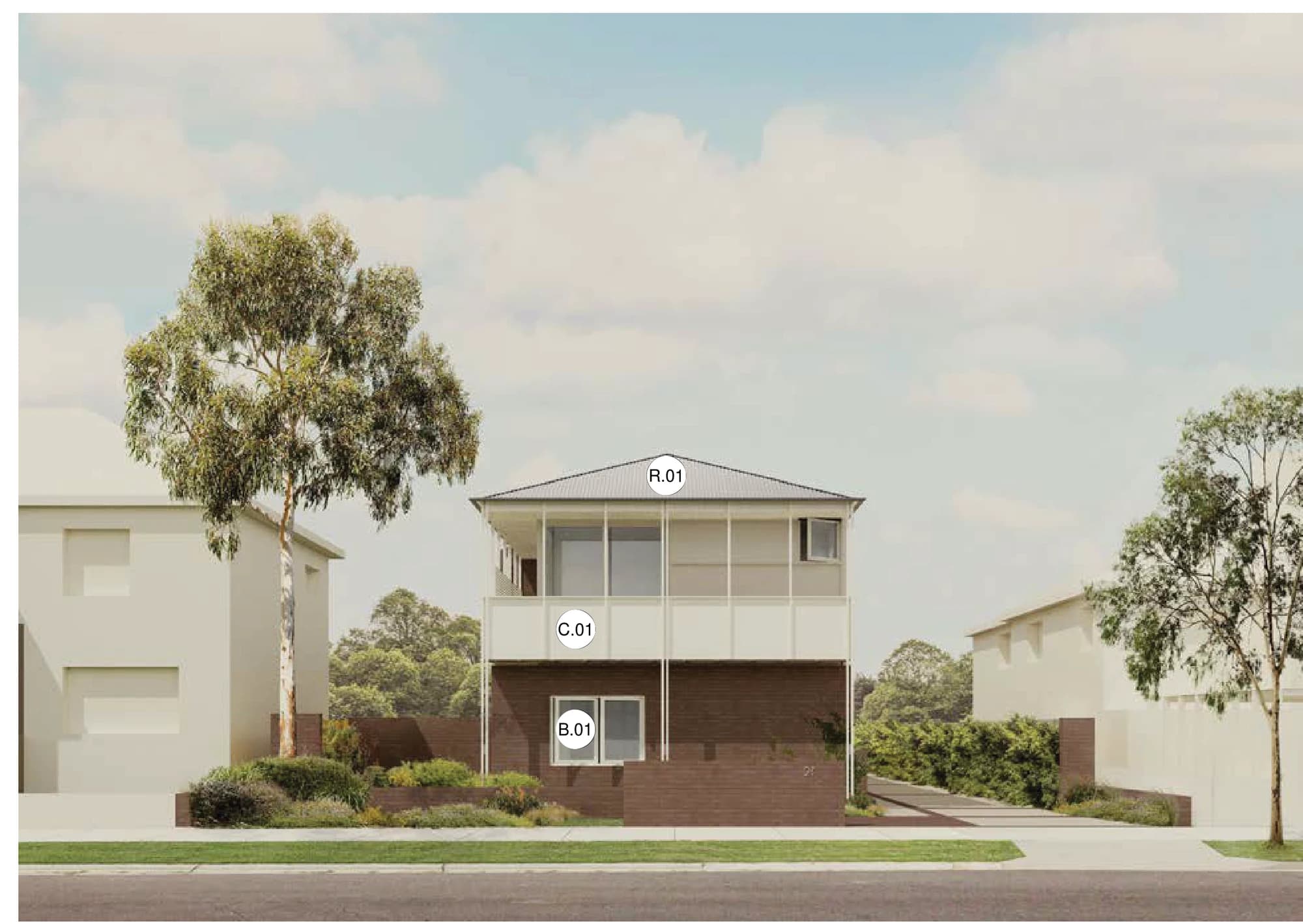 Pattern Book Row Homes 01 street facade in materials palette 04, with a dark red brown face brick ground floor and garden walls, off white painted cladding, battens, screens and window frames to the first floor balcony, and a dark grey metal roof