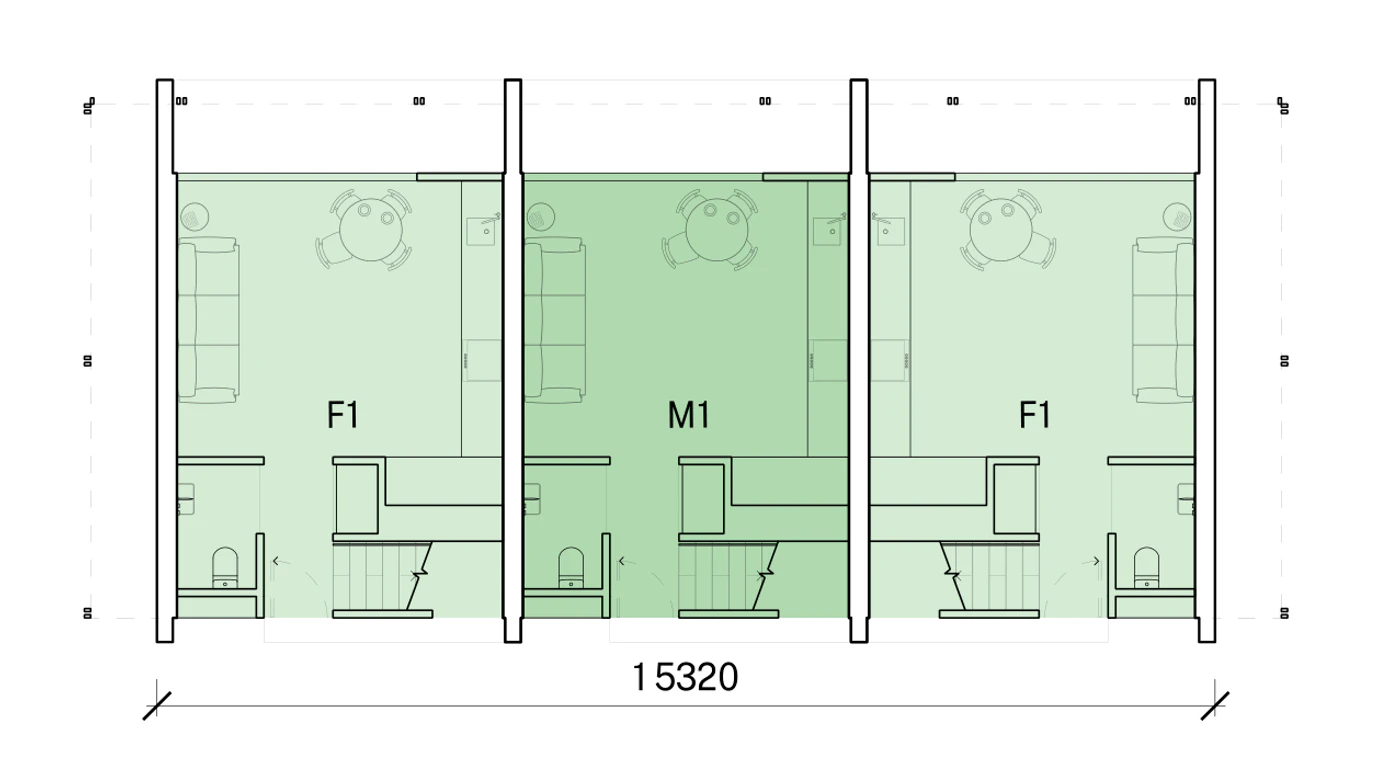 Pattern Book Row Homes 01 official module combination diagram for the F1, M1, F1 mix: a ground floor plan of three 1 bedroom homes in a row 15.3 metres long, with each home's living, dining and kitchen opening to its own private garden and the entries off the shared pedestrian lane; the complete development is 3 dwellings