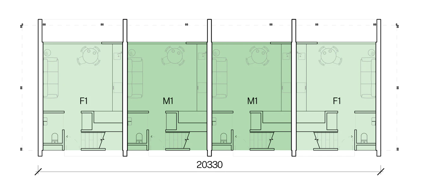 Pattern Book Row Homes 01 official module combination diagram for the F1, M1, M1, F1 mix: a ground floor plan of four 1 bedroom homes in a row 20.3 metres long, with each home's living, dining and kitchen opening to its own private garden and the entries off the shared pedestrian lane; the complete development is 4 dwellings