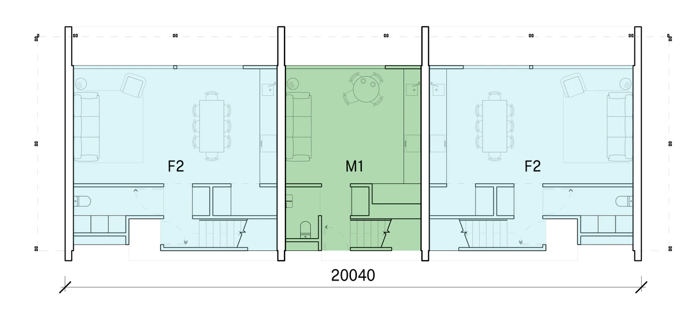 Pattern Book Row Homes 01 official module combination diagram for the F2, M1, F2 mix: a ground floor plan of two 2 bedroom and one 1 bedroom home in a row 20.0 metres long, with each home's living, dining and kitchen opening to its own private garden and the entries off the shared pedestrian lane; the complete development is 3 dwellings
