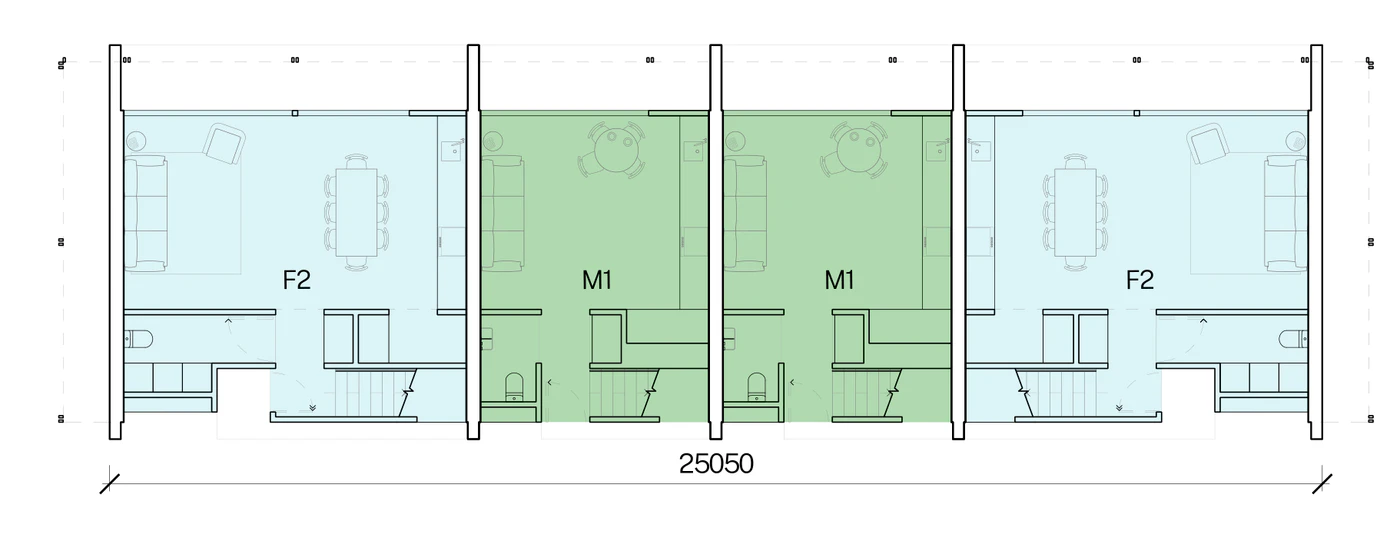 Pattern Book Row Homes 01 official module combination diagram for the F2, M1, M1, F2 mix: a ground floor plan of two 2 bedroom and two 1 bedroom homes in a row 25.0 metres long, with each home's living, dining and kitchen opening to its own private garden and the entries off the shared pedestrian lane; the complete development is 4 dwellings