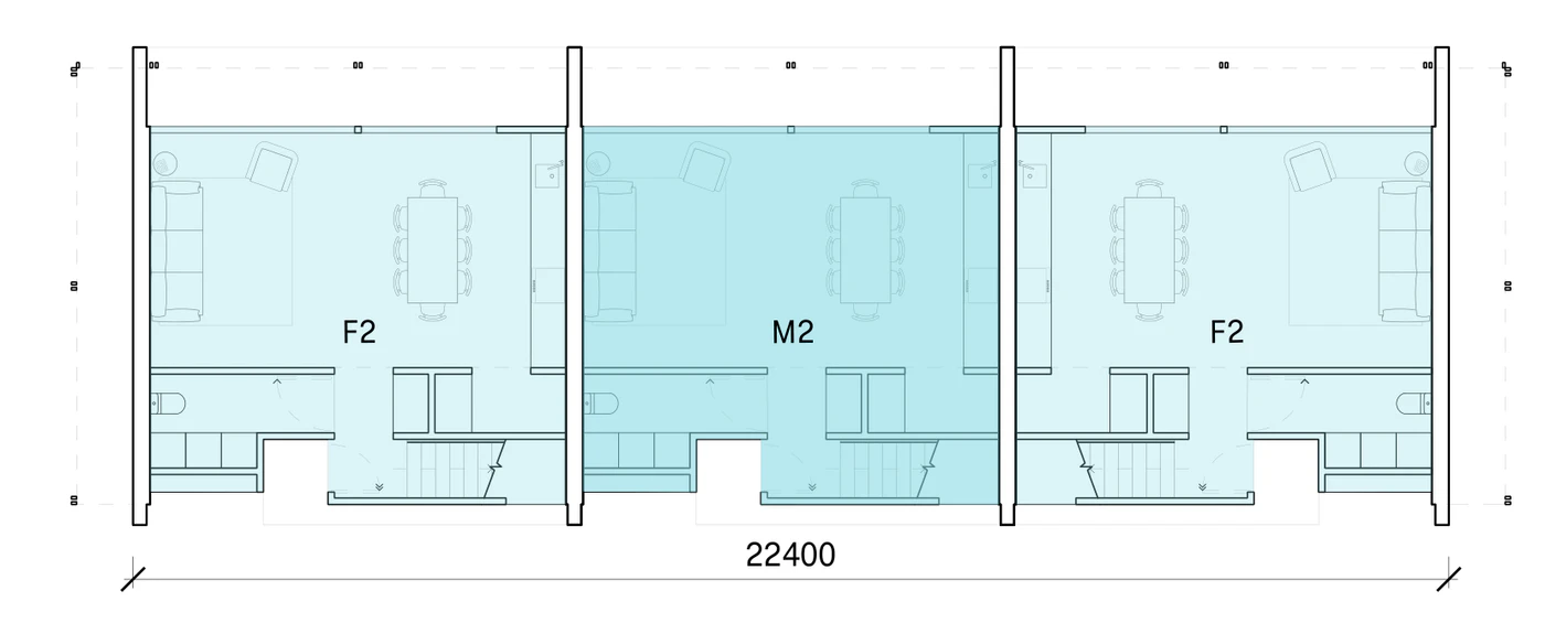 Pattern Book Row Homes 01 official module combination diagram for the F2, M2, F2 mix: a ground floor plan of three 2 bedroom homes in a row 22.4 metres long, with each home's living, dining and kitchen opening to its own private garden and the entries off the shared pedestrian lane; the complete development is 3 dwellings