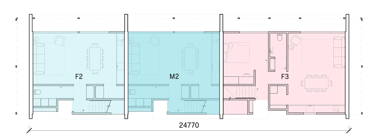 Pattern Book Row Homes 01 official module combination diagram for the F2, M2, F3 mix: a ground floor plan of two 2 bedroom and one 3 bedroom home in a row 24.8 metres long, with each home's living, dining and kitchen opening to its own private garden and the entries off the shared pedestrian lane; the complete development is 3 dwellings