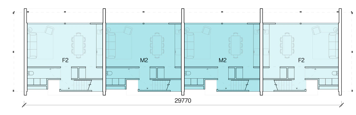 Pattern Book Row Homes 01 official module combination diagram for the F2, M2, M2, F2 mix: a ground floor plan of four 2 bedroom homes in a row 29.8 metres long, with each home's living, dining and kitchen opening to its own private garden and the entries off the shared pedestrian lane; the complete development is 4 dwellings