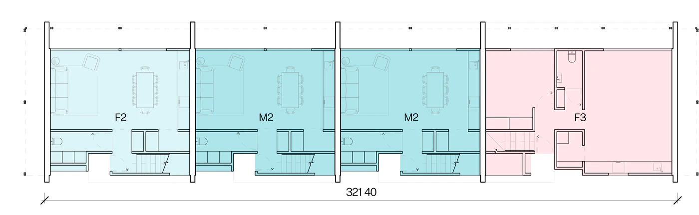 Pattern Book Row Homes 01 official module combination diagram for the F2, M2, M2, F3 mix: a ground floor plan of three 2 bedroom and one 3 bedroom home in a row 32.1 metres long, with each home's living, dining and kitchen opening to its own private garden and the entries off the shared pedestrian lane; the complete development is 4 dwellings