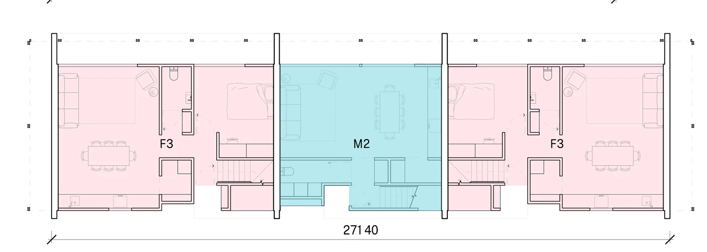 Pattern Book Row Homes 01 official module combination diagram for the F3, M2, F3 mix: a ground floor plan of two 3 bedroom and one 2 bedroom home in a row 27.1 metres long, with each home's living, dining and kitchen opening to its own private garden and the entries off the shared pedestrian lane; the complete development is 3 dwellings