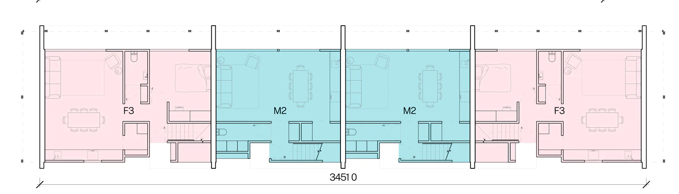 Pattern Book Row Homes 01 official module combination diagram for the F3, M2, M2, F3 mix: a ground floor plan of two 3 bedroom and two 2 bedroom homes in a row 34.5 metres long, with each home's living, dining and kitchen opening to its own private garden and the entries off the shared pedestrian lane; the complete development is 4 dwellings