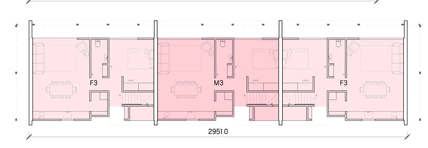 Pattern Book Row Homes 01 official module combination diagram for the F3, M3, F3 mix: a ground floor plan of three 3 bedroom homes in a row 29.5 metres long, with each home's living, dining and kitchen opening to its own private garden and the entries off the shared pedestrian lane; the complete development is 3 dwellings