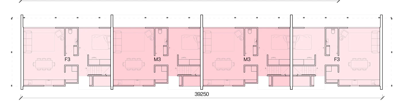 Pattern Book Row Homes 01 official module combination diagram for the F3, M3, M3, F3 mix: a ground floor plan of four 3 bedroom homes in a row 39.3 metres long, with each home's living, dining and kitchen opening to its own private garden and the entries off the shared pedestrian lane; the complete development is 4 dwellings