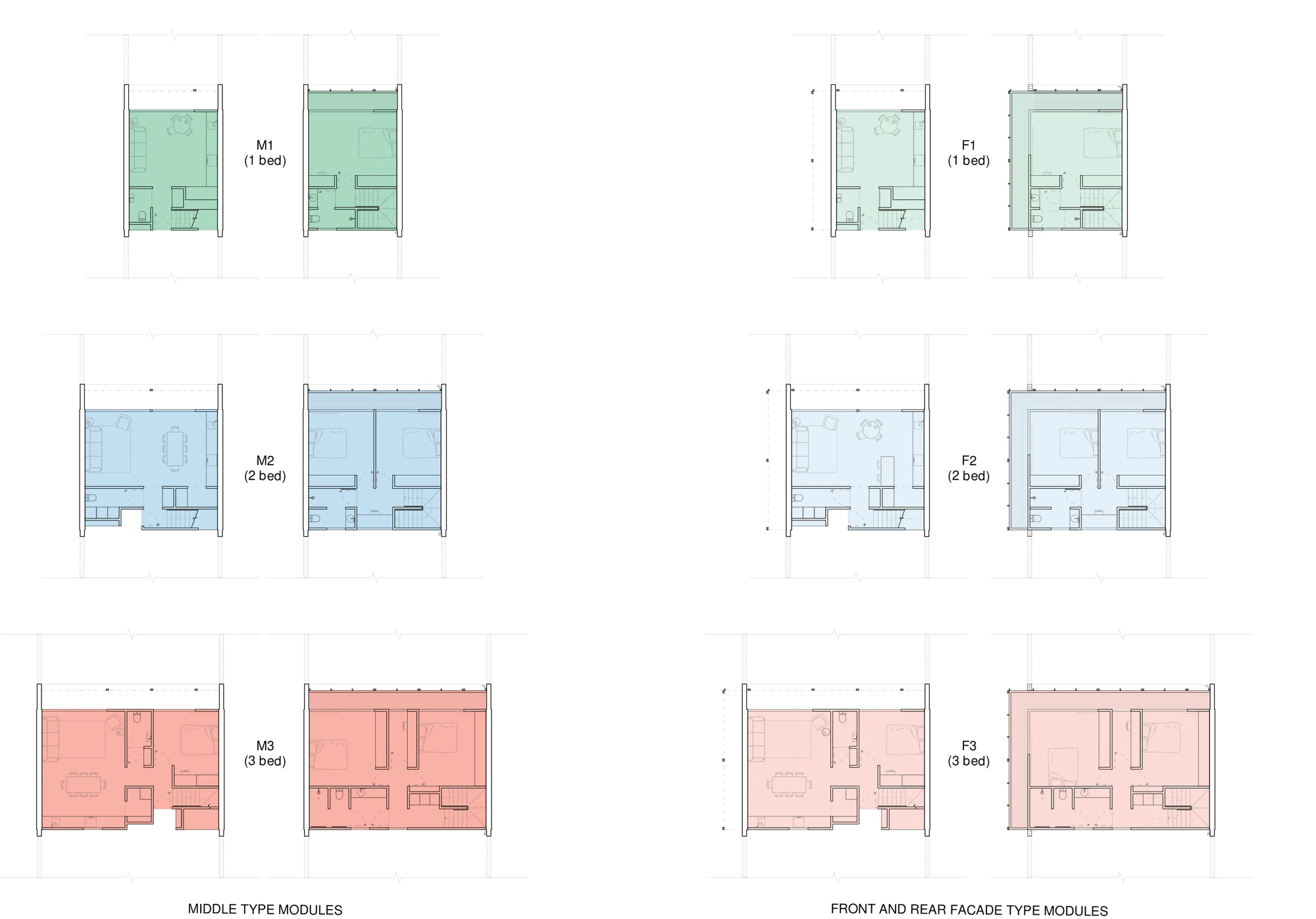 Pattern Book Row Homes 01 pattern adaptation drawing A-202, showing the ground and first floor plans of all six modules: M1, M2 and M3 middle type modules and F1, F2 and F3 front and rear facade type modules, at one, two and three bedrooms each