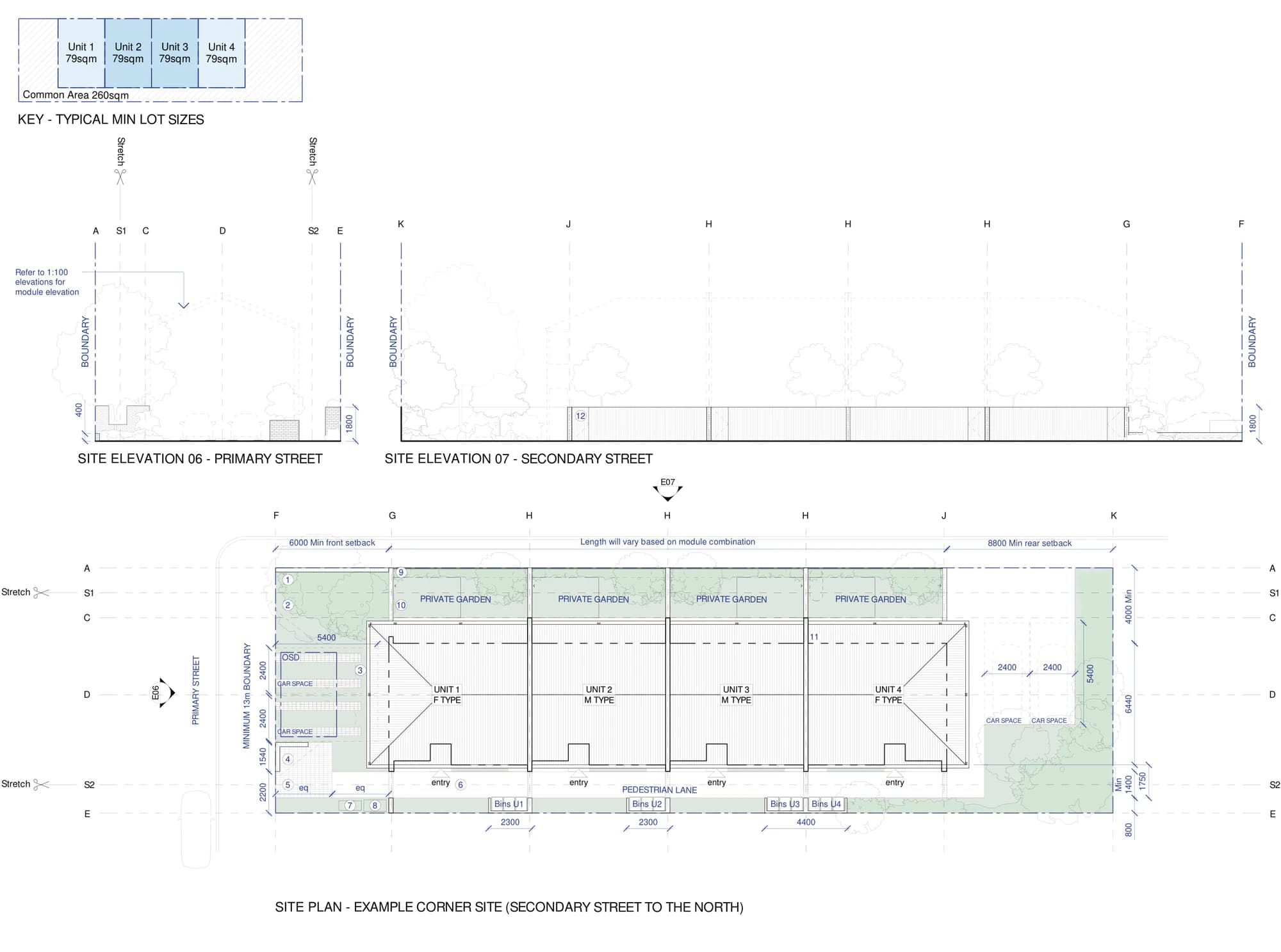 Pattern Book Row Homes 01 pattern adaptation site plan A-323 for a corner site with the secondary street to the north, showing the example 580 square metre site, both street elevations, the 8.8 metre rear setback, two car spaces and the private gardens opening to the north