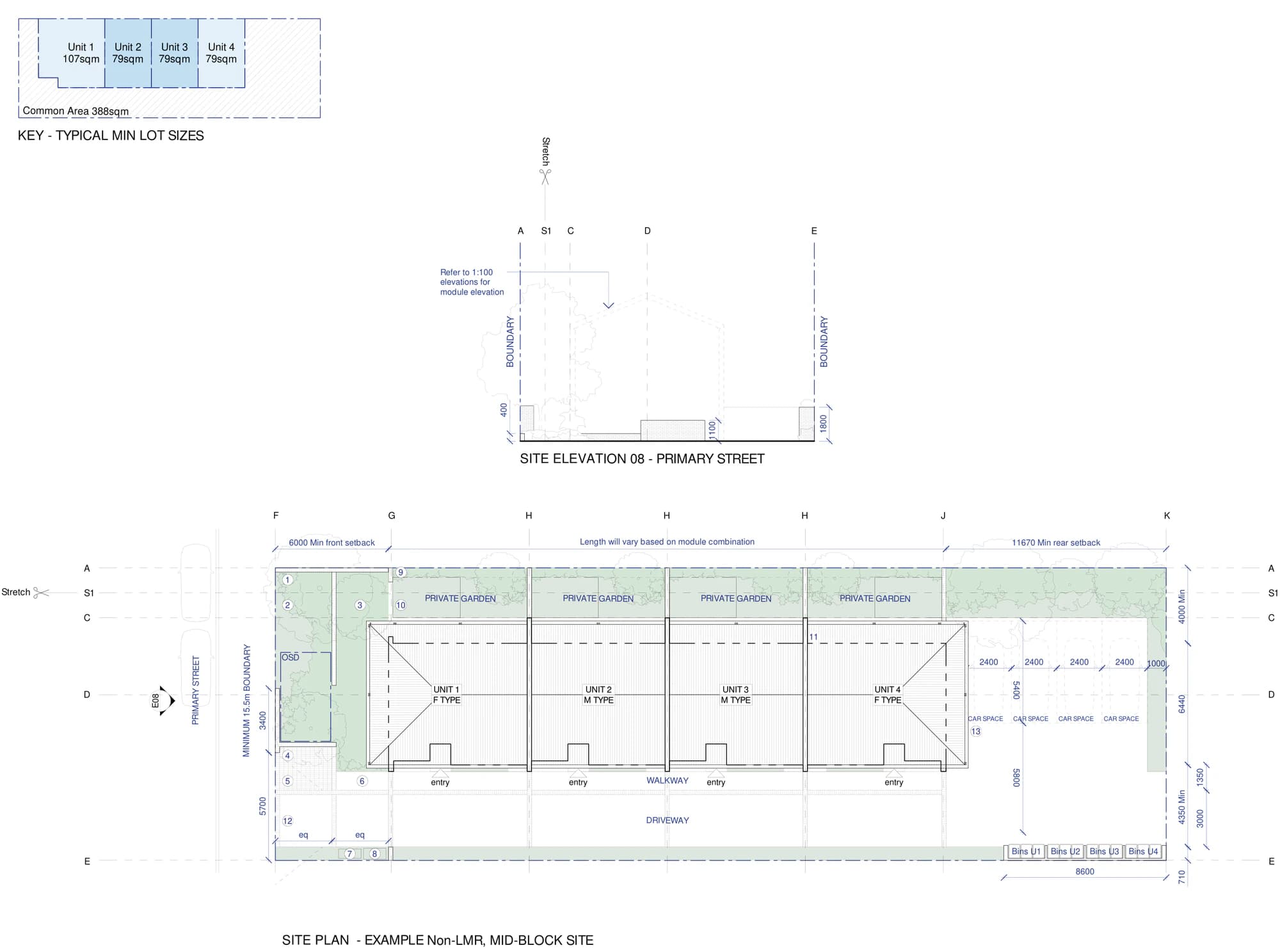 Pattern Book Row Homes 01 site plan A-302 for sites outside LMR housing areas, showing the example 735 square metre mid block site, the 6 metre front setback, the 11.67 metre rear setback, four homes in the F2, M2, M2, F2 module mix, a rear driveway with four car spaces, bin stores, the walkway along the entries and the strata lot key