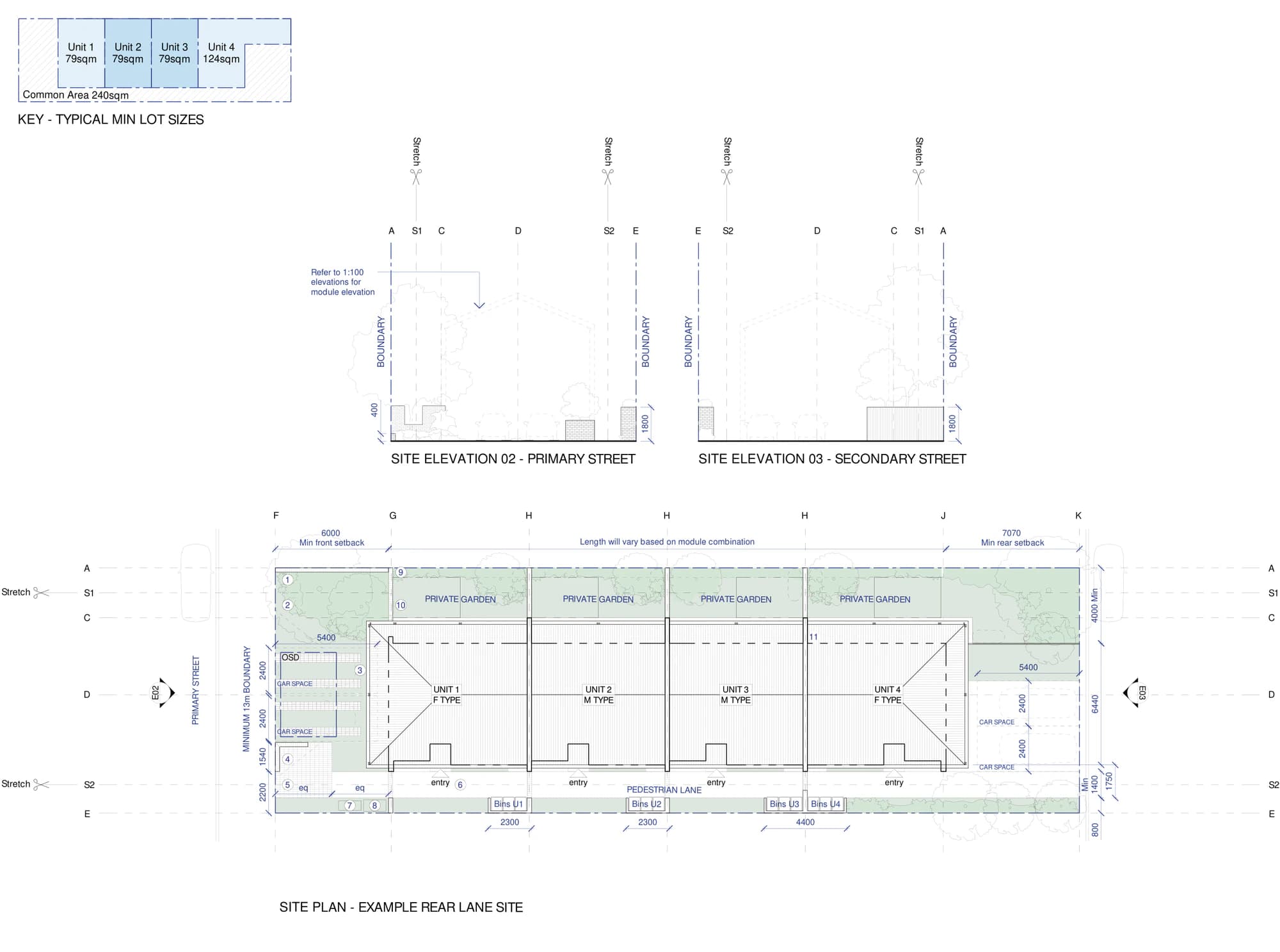 Pattern Book Row Homes 01 pattern adaptation site plan A-321 for a rear lane site, showing the example 555 square metre site, both street elevations, car spaces taken off the rear lane, the pedestrian lane along the entries and the private gardens on the opposite side