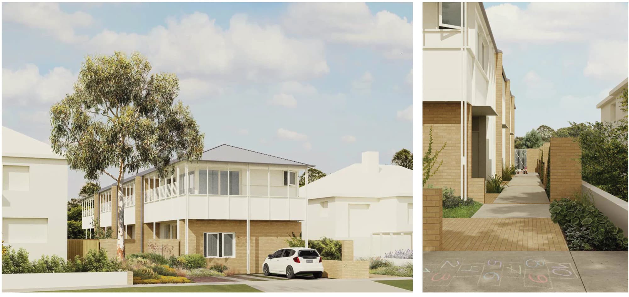 Pattern Book Row Homes 01 character render A-356 in an LMR housing area, showing the F2, M2, M2, F2 row from the street with a car parked at the front, and the shared pedestrian lane along the entries with brick garden walls, planting and chalk drawings on the path