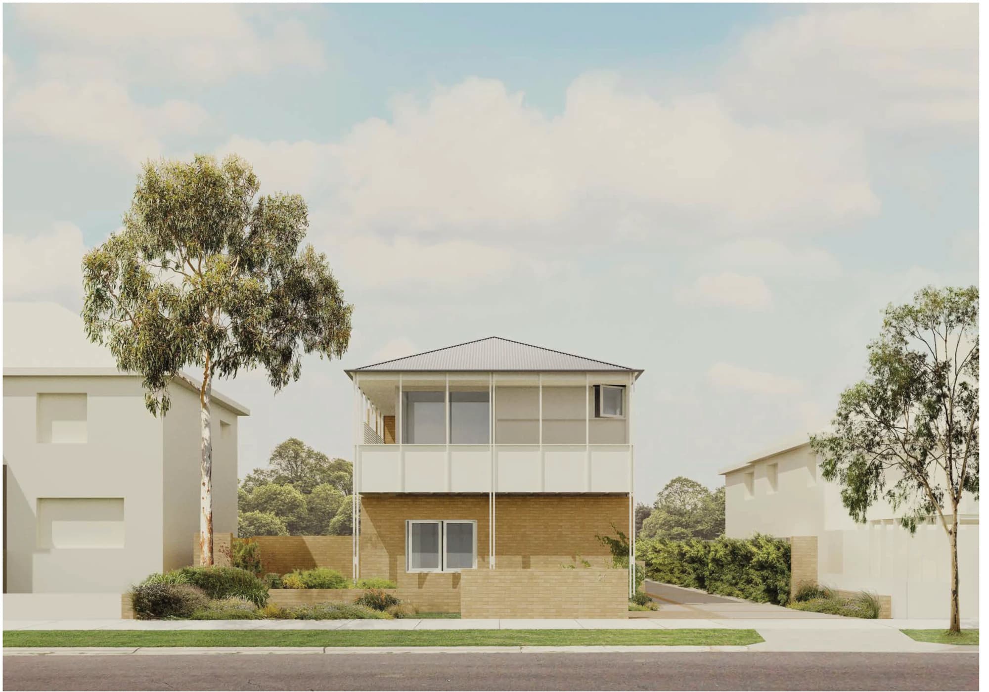 Pattern Book Row Homes 01 character render A-355 of the street facade outside an LMR housing area, showing the F2 module end of the row with its brick ground floor, slender frontage, screened first floor balcony and hipped roof between two existing houses