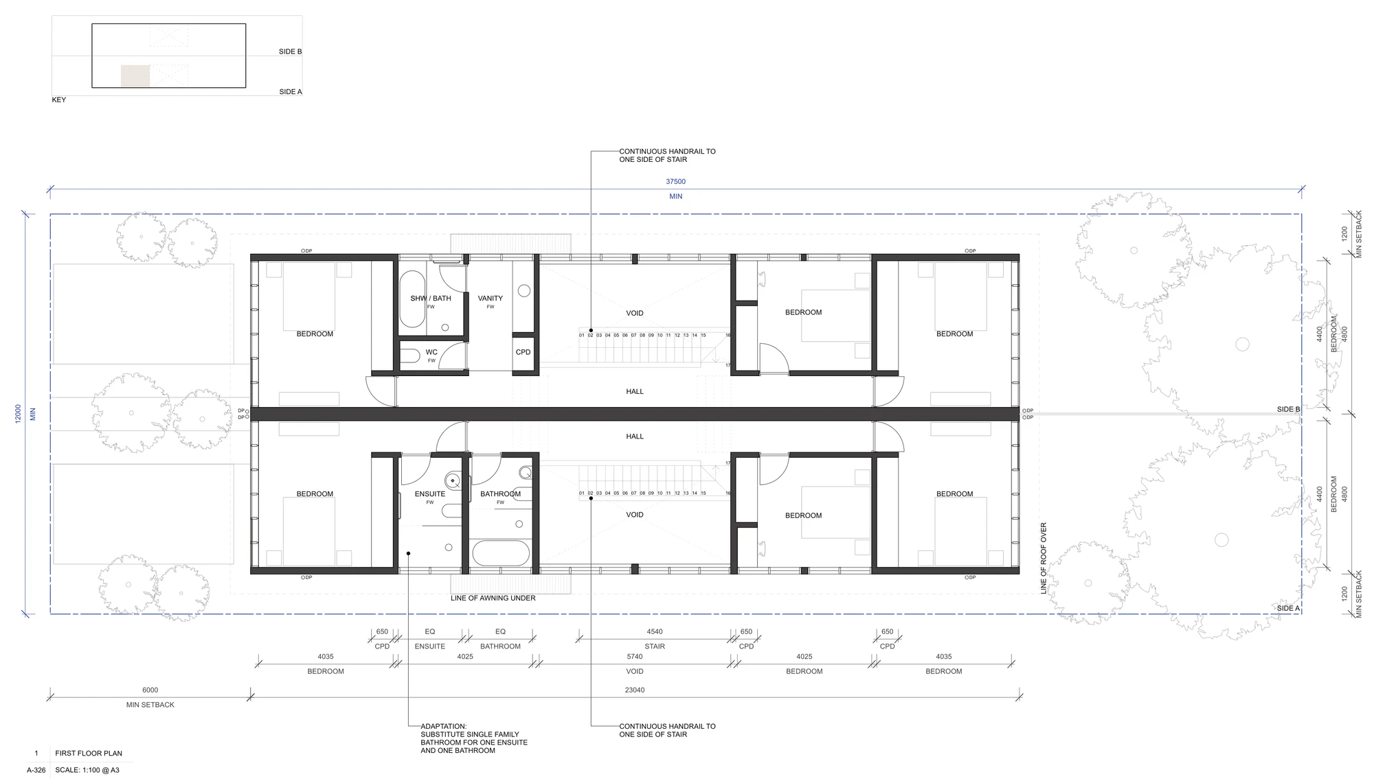 Pattern Book Semis 01 first floor adaptation A-326, substituting the single family bathroom of one home with a separate ensuite and a family bathroom