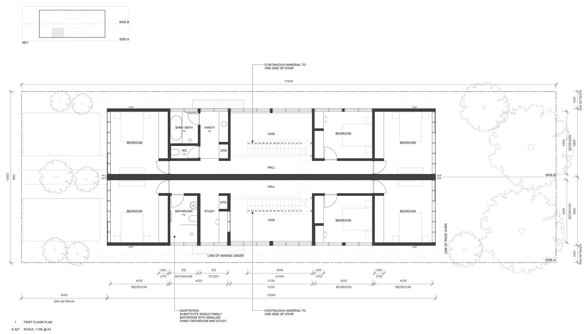 Pattern Book Semis 01 first floor adaptation A-327, substituting the single family bathroom of one home with a smaller family bathroom and an adjacent study