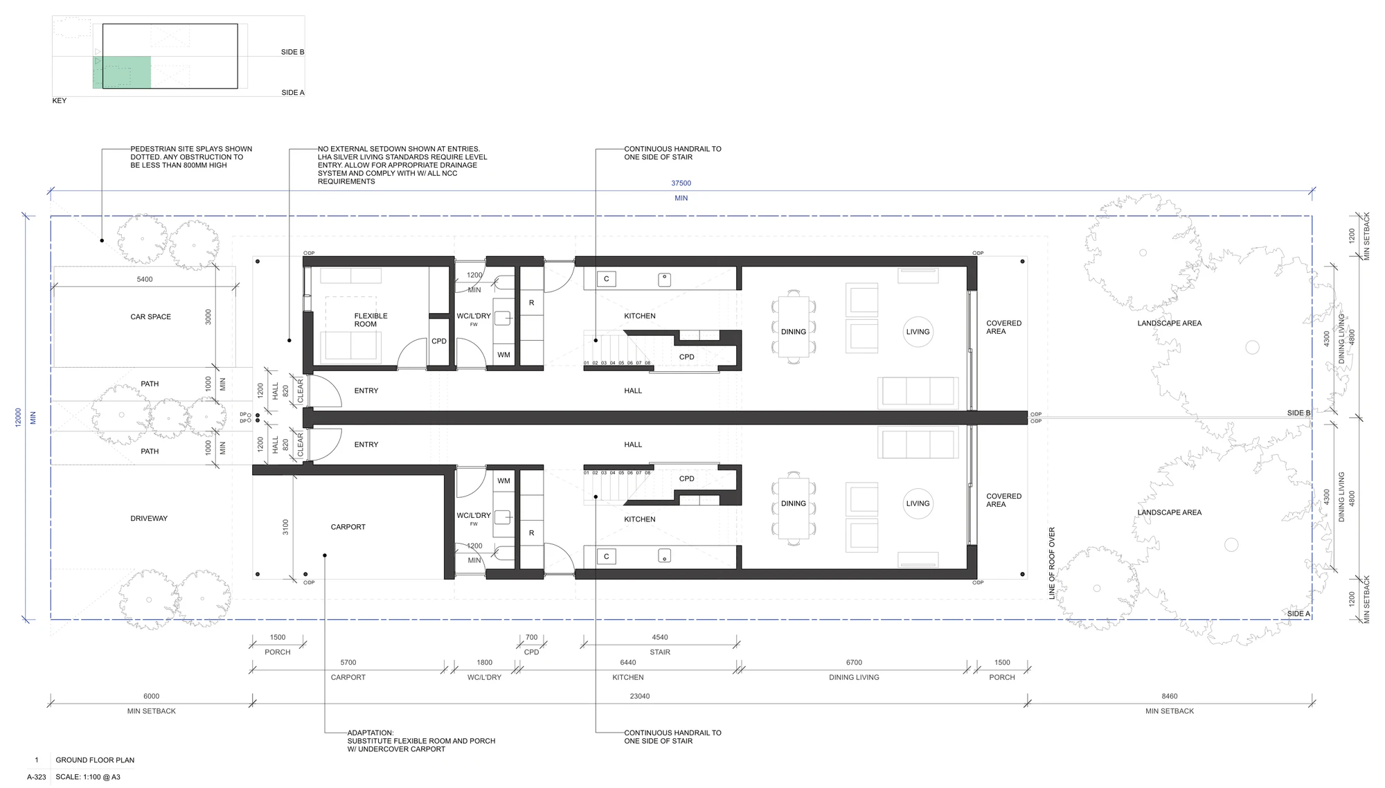 Pattern Book Semis 01 ground floor adaptation A-323, substituting the flexible front room and porch of one home with a 5.7 metre undercover carport reached from the driveway