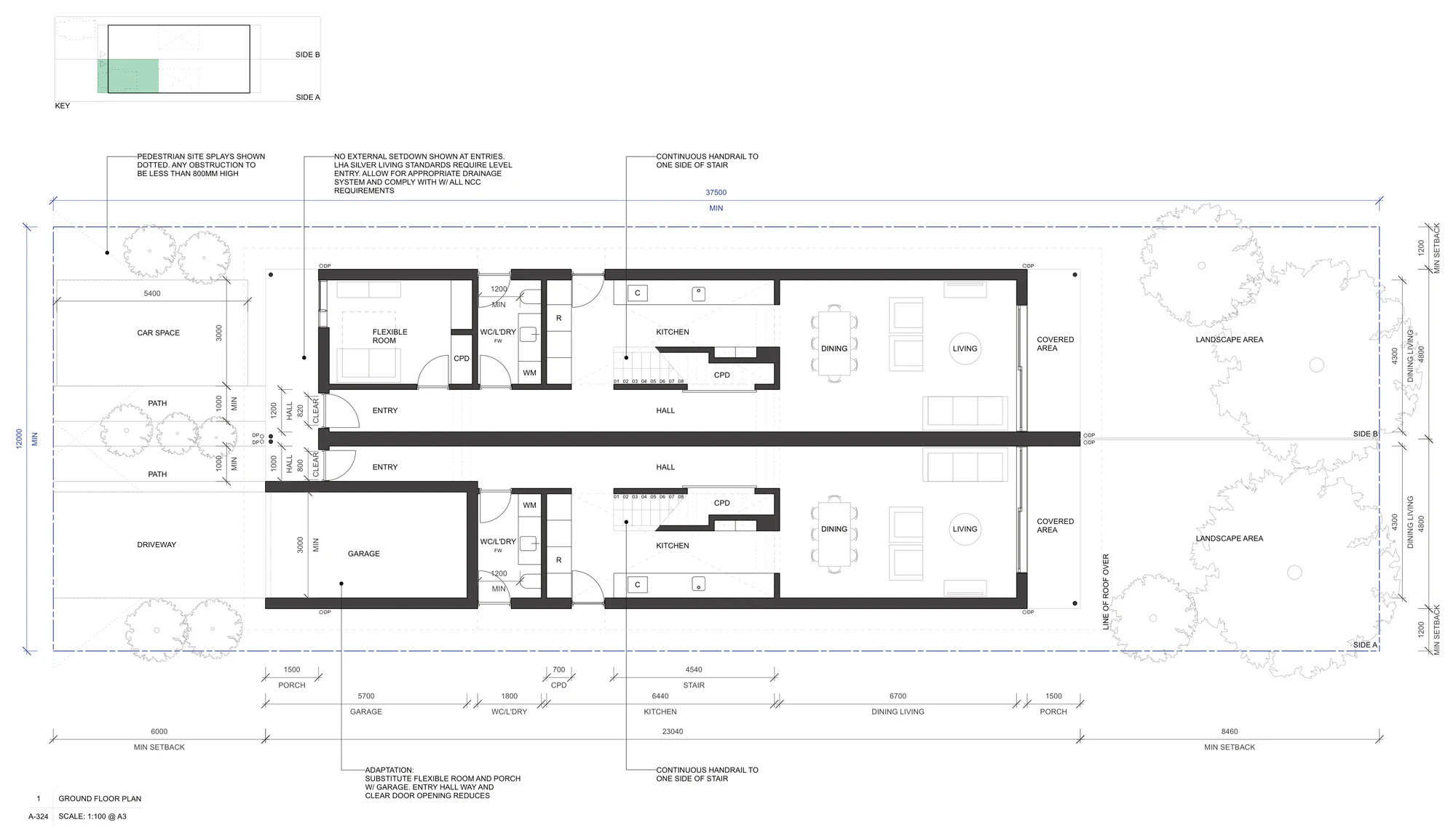 Pattern Book Semis 01 ground floor adaptation A-324, substituting the flexible front room and porch of one home with a 5.7 metre enclosed garage, which narrows that home's entry hall and clear door opening