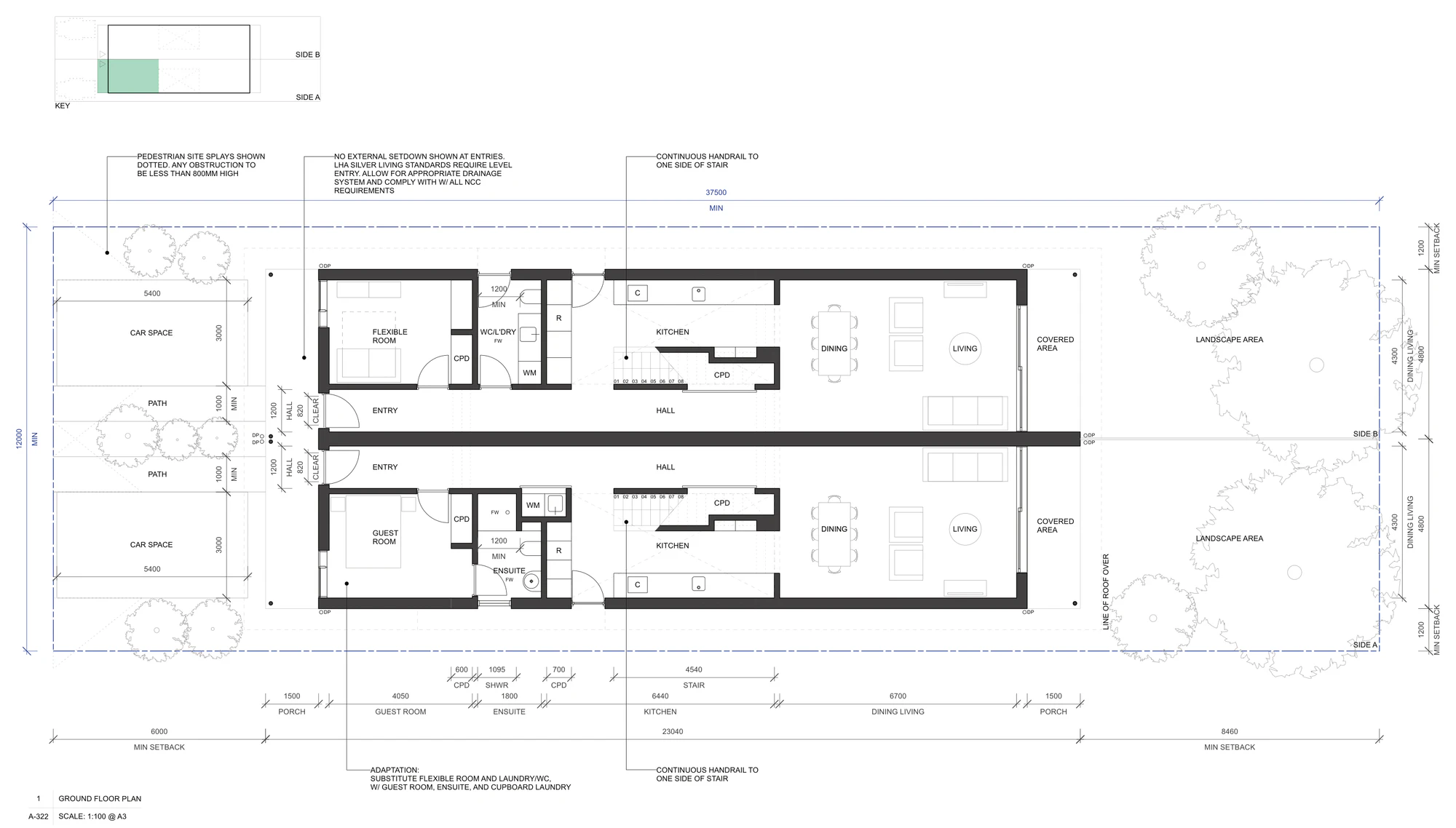 Pattern Book Semis 01 ground floor adaptation A-322, substituting the flexible front room and laundry and WC of one home with a guest room, an ensuite and a cupboard laundry