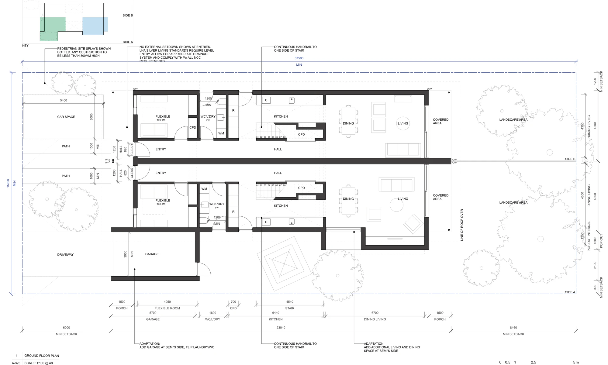Pattern Book Semis 01 ground floor adaptation A-325 for sites outside LMR housing areas, adding a garage alongside one home with the laundry and WC flipped, and adding extra living and dining space to the side of that home