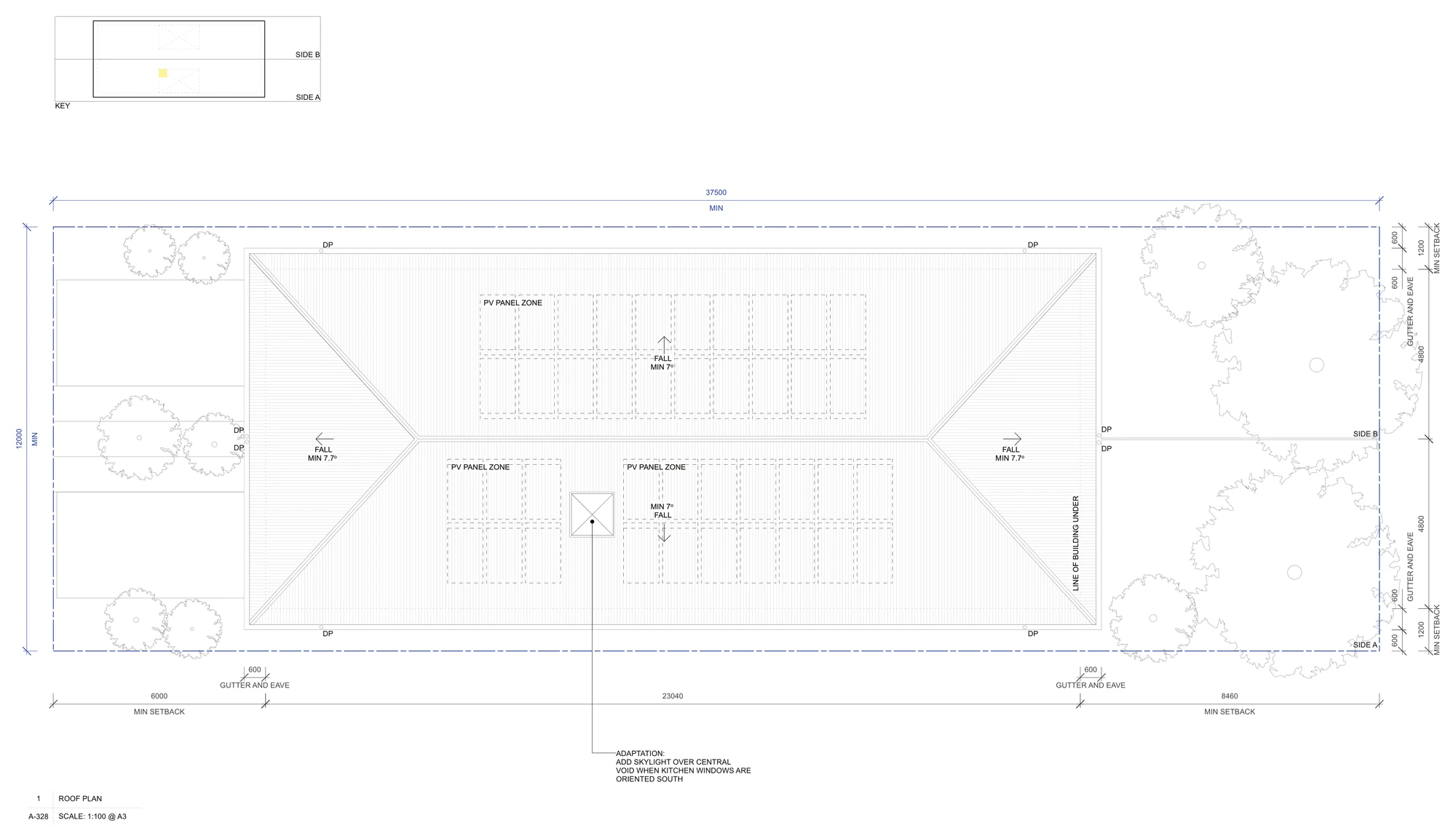Pattern Book Semis 01 roof adaptation A-328, adding a skylight over the central double height void of one home for use when the kitchen windows face south