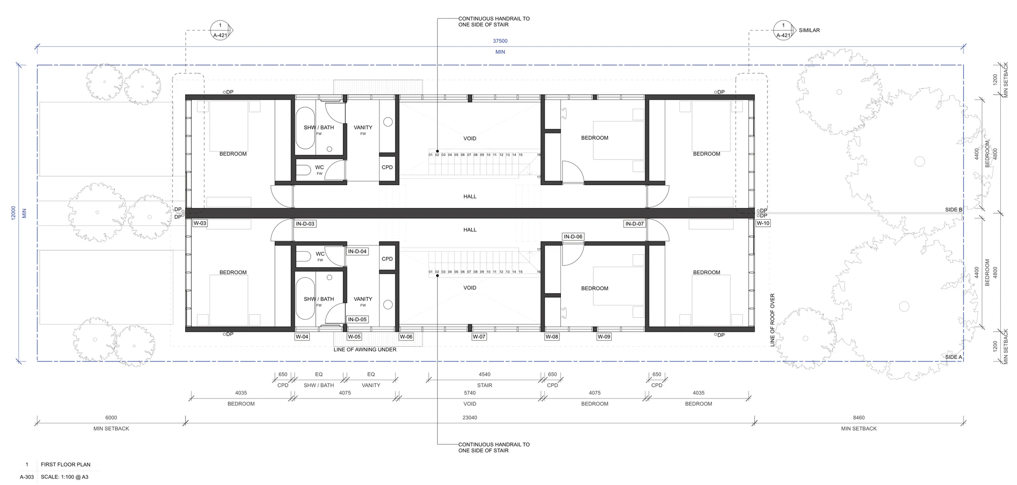 Pattern Book Semis 01 first floor plan A-303 for LMR housing areas, showing three bedrooms in each home, the shower and bath, separate WC and vanity, the double height void over the kitchen, the stair and the hall