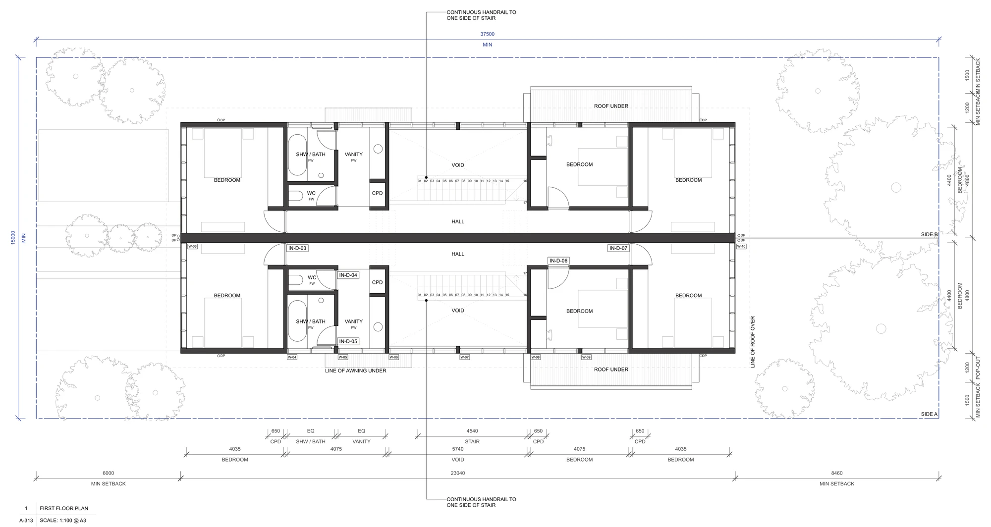 Pattern Book Semis 01 first floor plan A-313 for sites outside LMR housing areas, showing three bedrooms in each home, the shower and bath, separate WC and vanity, the double height void over the kitchen and the roof over the pop out windows below