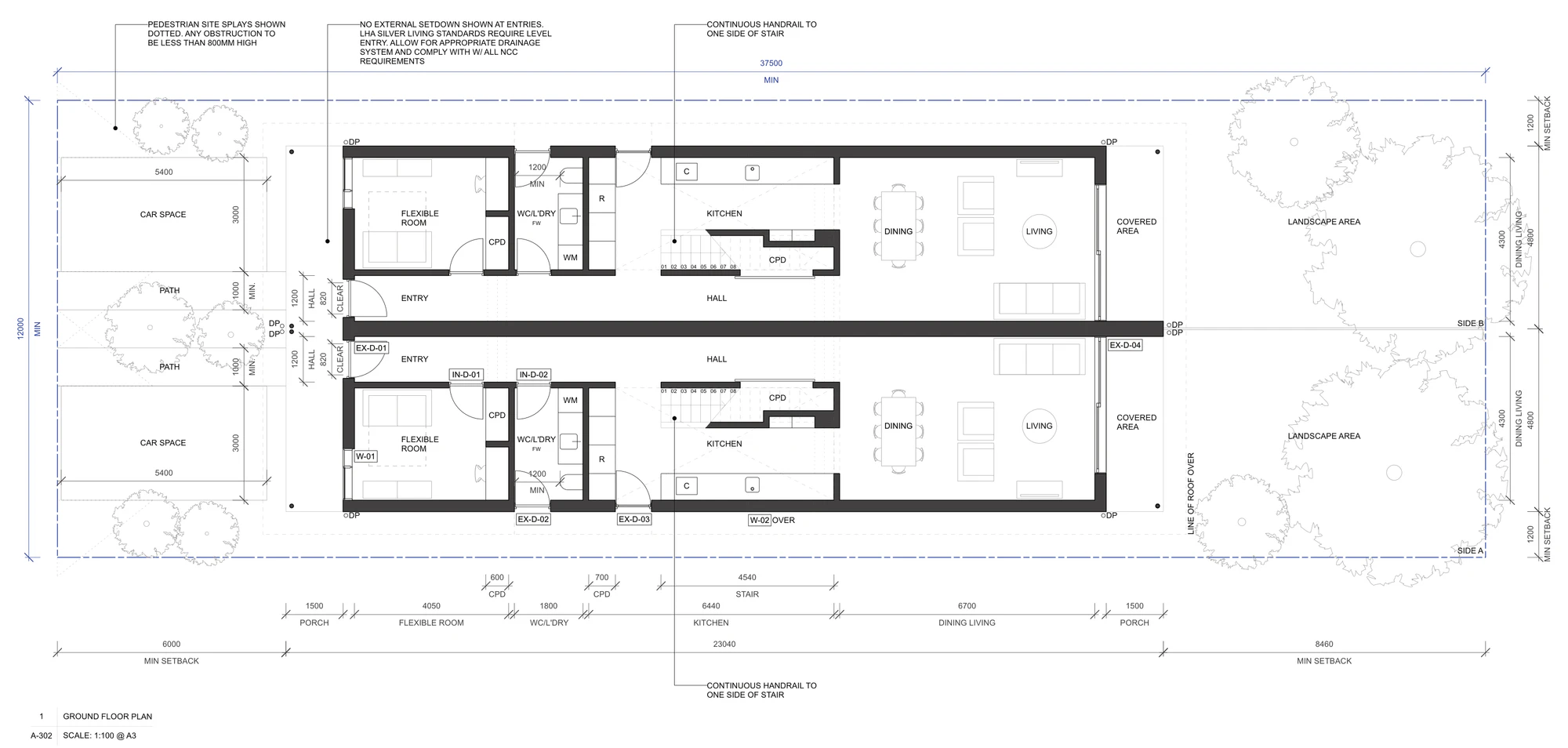 Pattern Book Semis 01 ground floor plan A-302 for LMR housing areas, showing both homes with a 1.5 metre front porch, entry, flexible front room, laundry and WC, kitchen with the stair, dining and living opening to a covered area and rear landscape area, and a car space at the front of each home