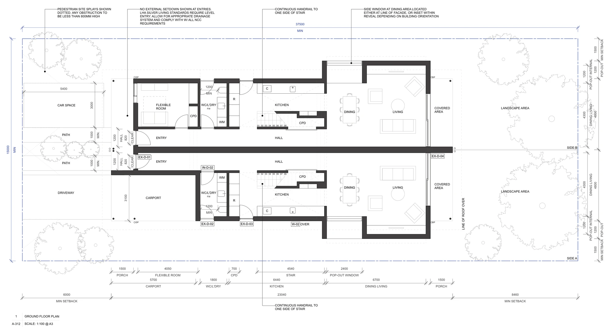 Pattern Book Semis 01 ground floor plan A-312 for sites outside LMR housing areas, showing one home with a flexible front room and one with a 5.7 metre undercover carport, both with laundry and WC, kitchen and stair, and a widened dining and living room with a 2.4 metre pop out window opening to the covered area and rear garden