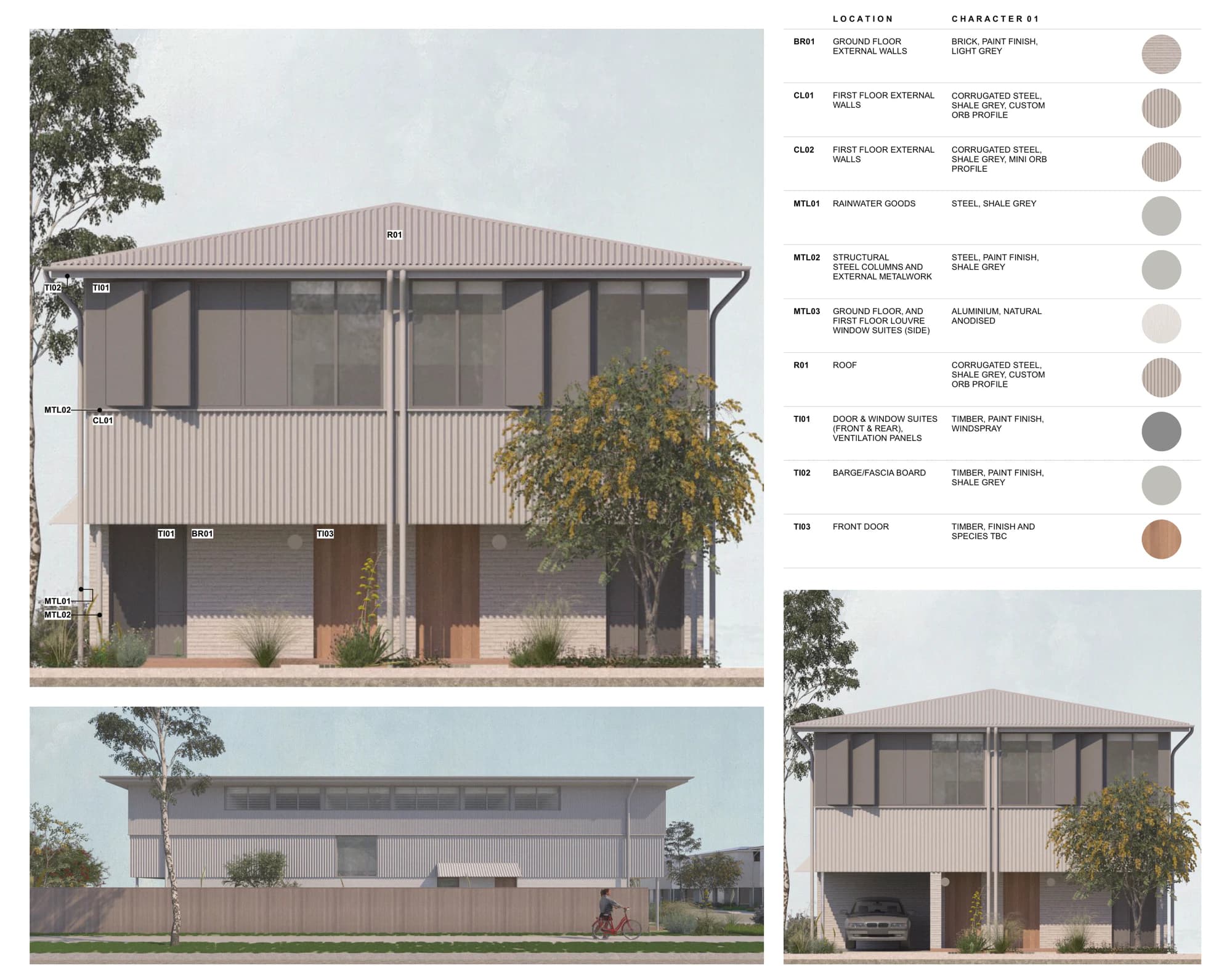 Pattern Book Semis 01 character material palette 01 on the front, street side and carport elevations, with light grey painted brick to the ground floor, shale grey corrugated steel walls and roof, shale grey steel columns and metalwork, natural anodised aluminium louvre windows and windspray painted timber window suites