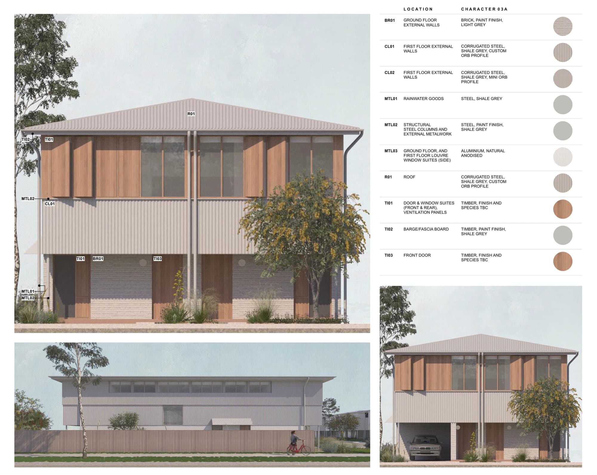Pattern Book Semis 01 character material palette 03A on the front, street side and carport elevations, with light grey painted brick to the ground floor, shale grey corrugated steel walls and roof, shale grey metalwork, natural anodised aluminium louvres and natural timber window suites, shutters and front door