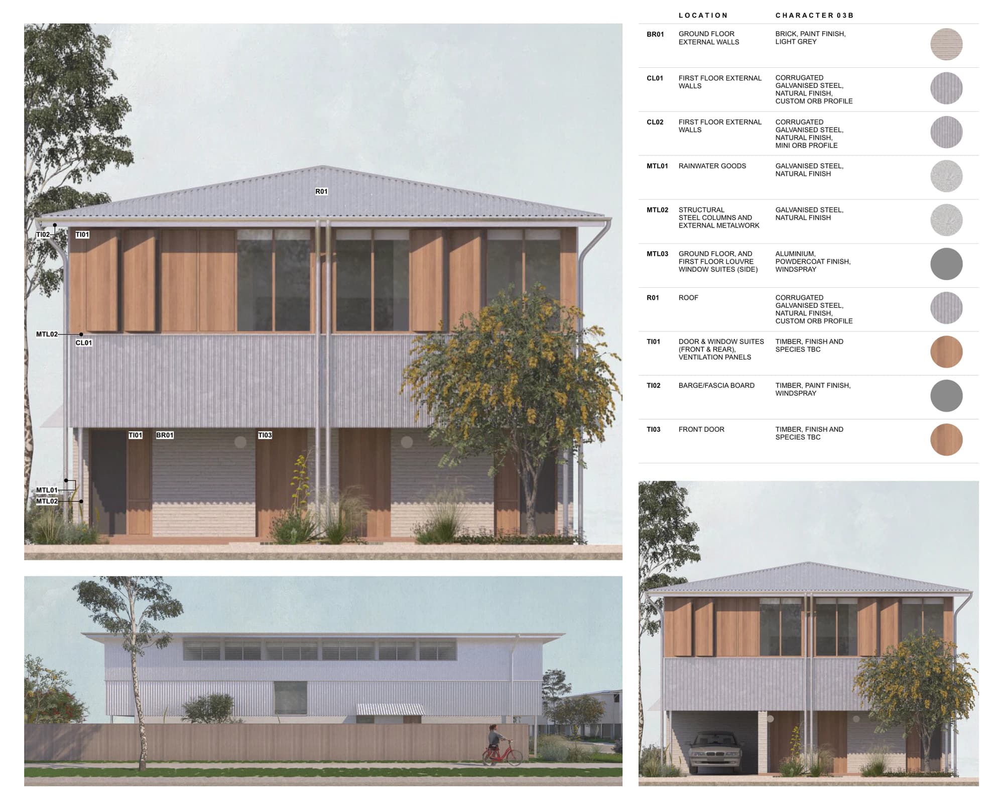 Pattern Book Semis 01 character material palette 03B on the front, street side and carport elevations, with light grey painted brick to the ground floor, natural finish galvanised corrugated steel walls and roof, galvanised metalwork, windspray powdercoated louvres and natural timber window suites, shutters and front door
