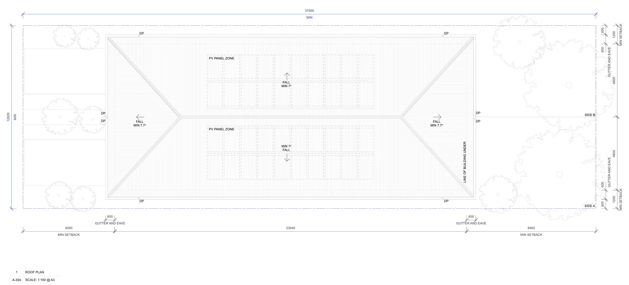 Pattern Book Semis 01 roof plan A-304 for LMR housing areas, showing the single hipped roof over both homes, a minimum 7 degree fall, the 600 millimetre gutter and eave overhang, downpipes and the photovoltaic panel zones on each side of the ridge