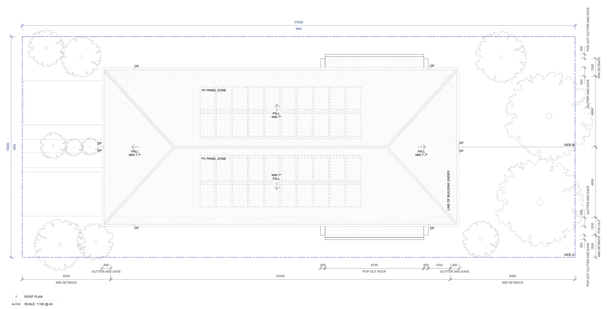 Pattern Book Semis 01 roof plan A-314 for sites outside LMR housing areas, showing the single hipped roof over both homes, a minimum 7 degree fall, 600 millimetre eaves, the separate pop out roofs to the widened living rooms, downpipes and the photovoltaic panel zones