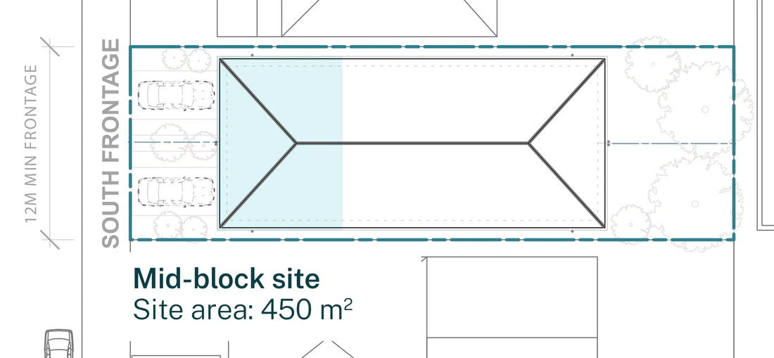 Pattern Book Semis 01 official siting plan for a LMR housing area: a mid block lot with a south frontage at least 12 metres wide and 450 square metres, showing the pair of two storey semi detached homes under one hipped roof, the front rooms and car spaces to the street, the private rear gardens and the base pattern with the front bedroom and ensuite adaptation shaded; the complete development is 2 dwellings