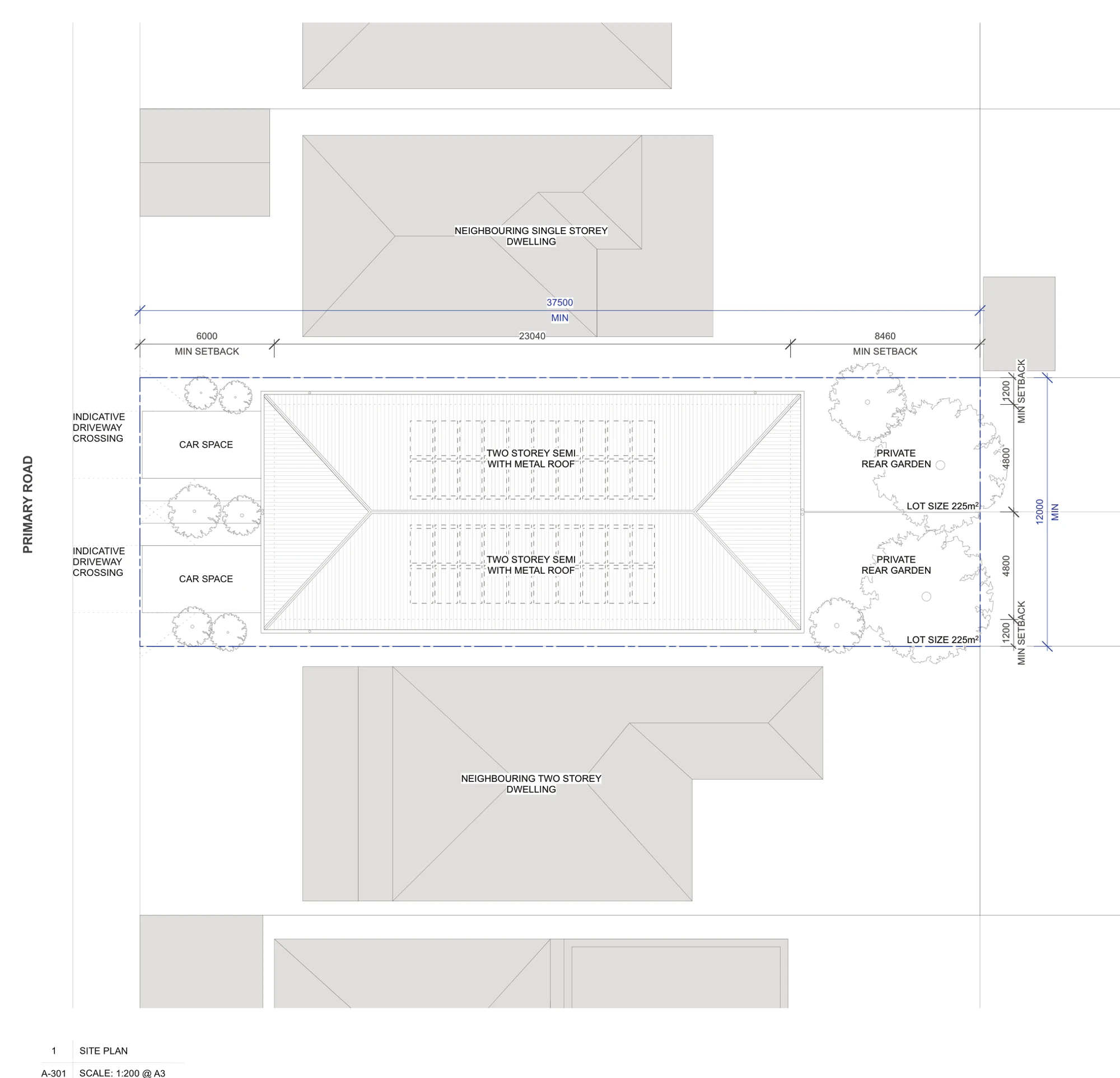 Pattern Book Semis 01 site plan A-301 for LMR housing areas, showing the 12 metre by 37.5 metre lot, the 6 metre front setback, the 23.04 metre deep building, the 8.46 metre rear setback, 1.2 metre side setbacks, two car spaces off the primary road, the two private rear gardens and the 225 square metre Torrens lot for each home