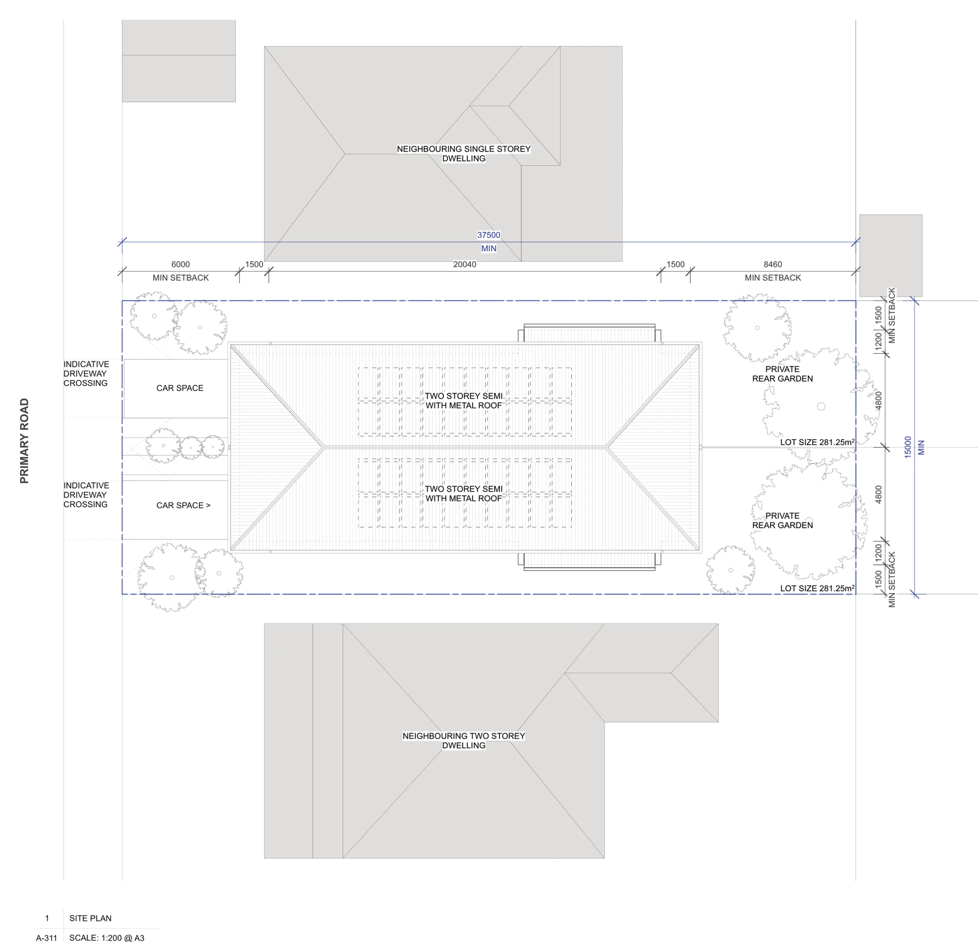 Pattern Book Semis 01 site plan A-311 for sites outside LMR housing areas, showing the 15 metre by 37.5 metre lot, the 6 metre front setback, the 23.04 metre deep building including 1.5 metre porches, the 8.46 metre rear setback, 1.5 metre side setbacks, two car spaces off the primary road and the 281.25 square metre Torrens lot for each home