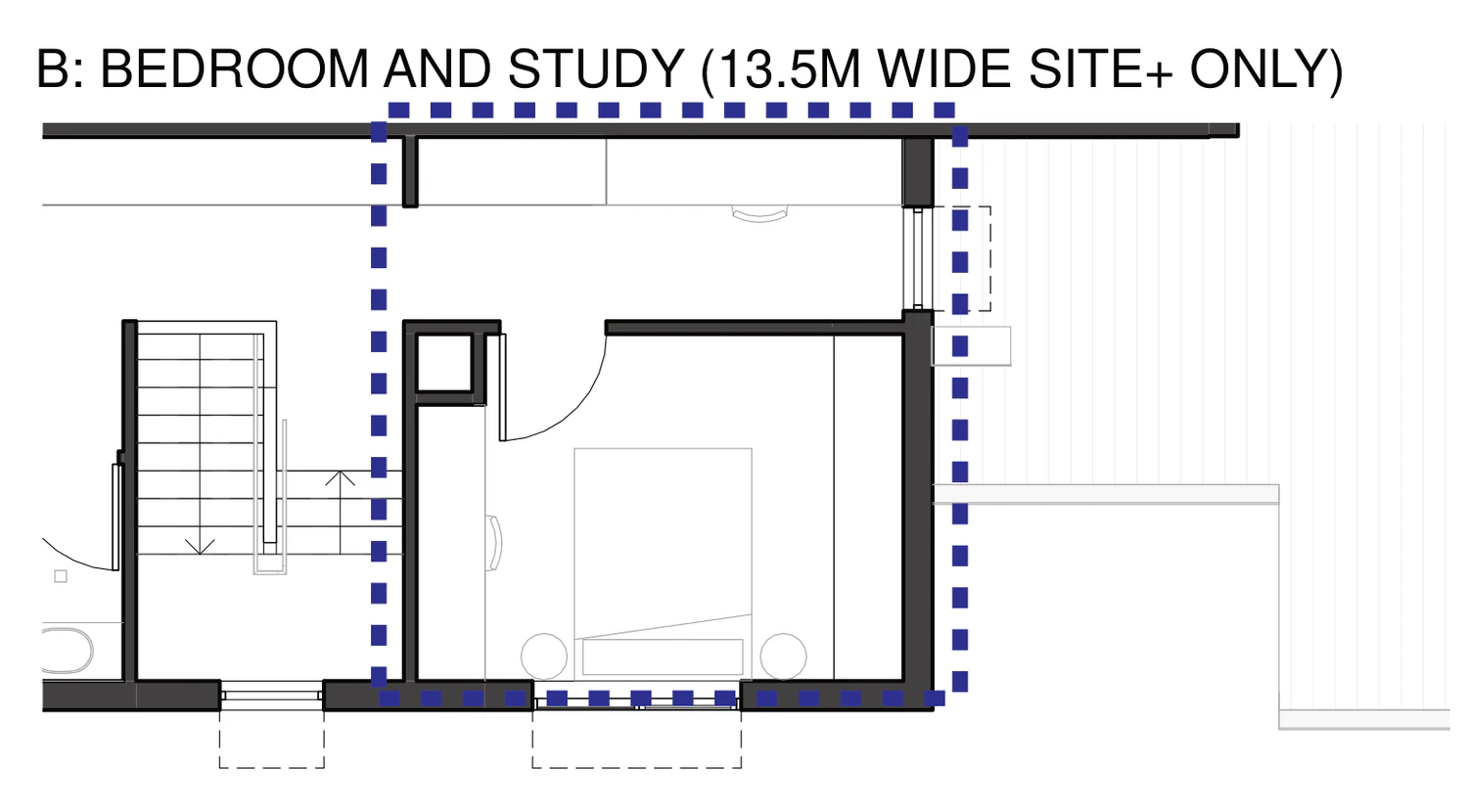 Pattern Book Semis 02 first floor bedroom adaptation B: bedroom and study, available only on a lot at least 13.5 metres wide, showing the rear bedroom divided to give a separate study off the landing